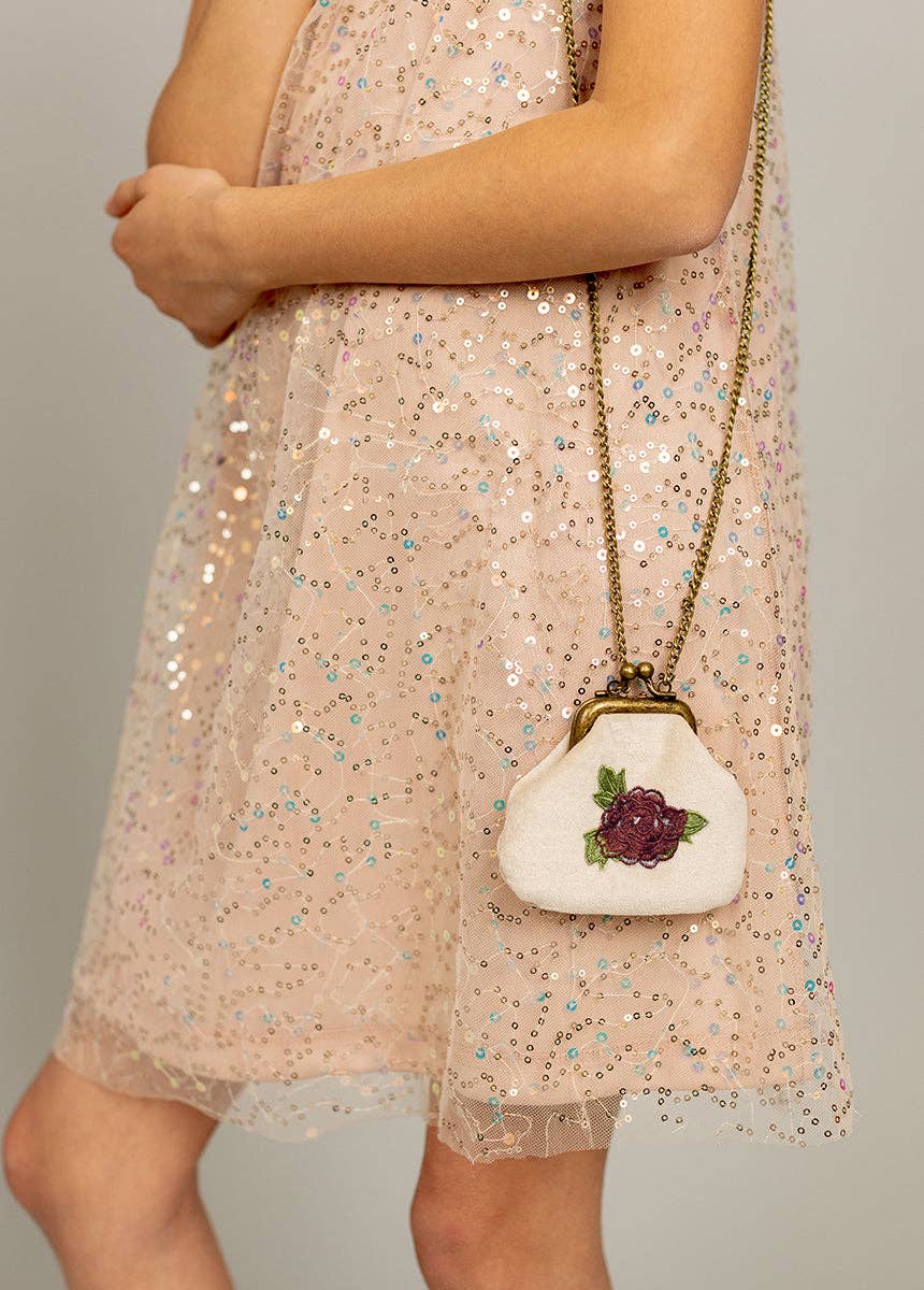 Deavaney Velvet Coin Purse in Cream | Embroidered Flower