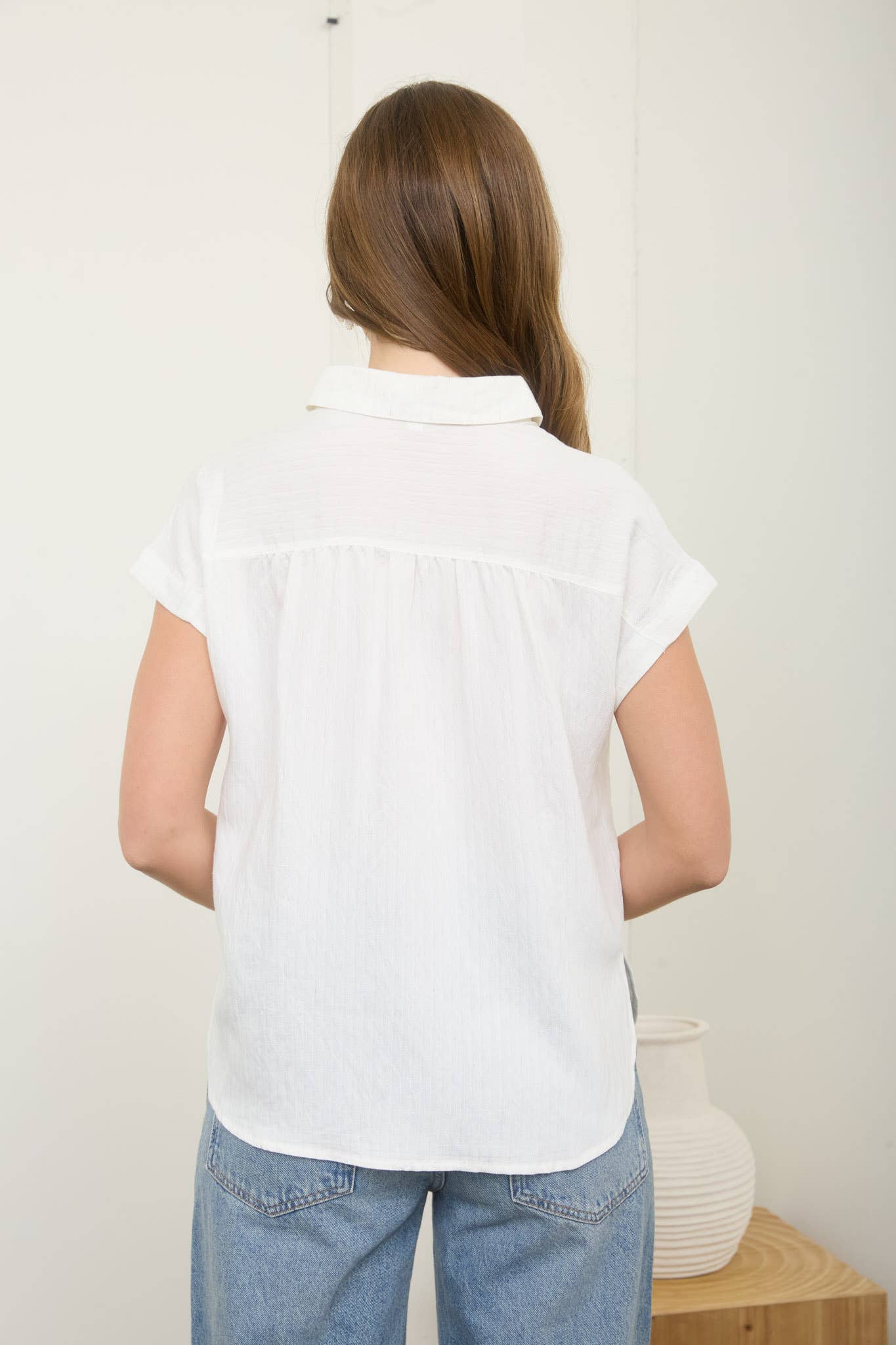 Blu Pepper - COLLARED HALF BUTTON RUCHED SHOULDER TOP