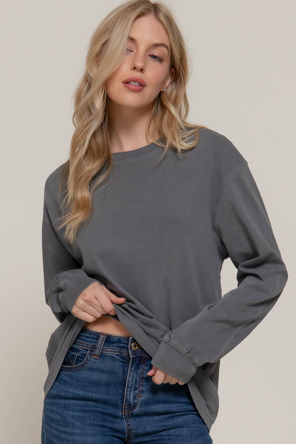 Long Sleeve Round Neck Garment Dye Tee Active Basic | Active USA