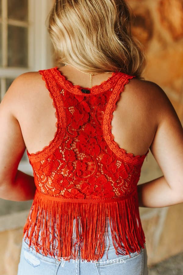 Lucky & Blessed - Red Lace Fringe Hem Crop Top