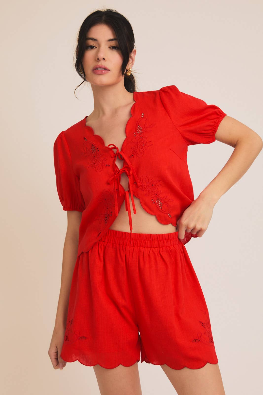 Women's EYELET FRONT TIES TOP AND SCALLOP SHORTS 926 WEST