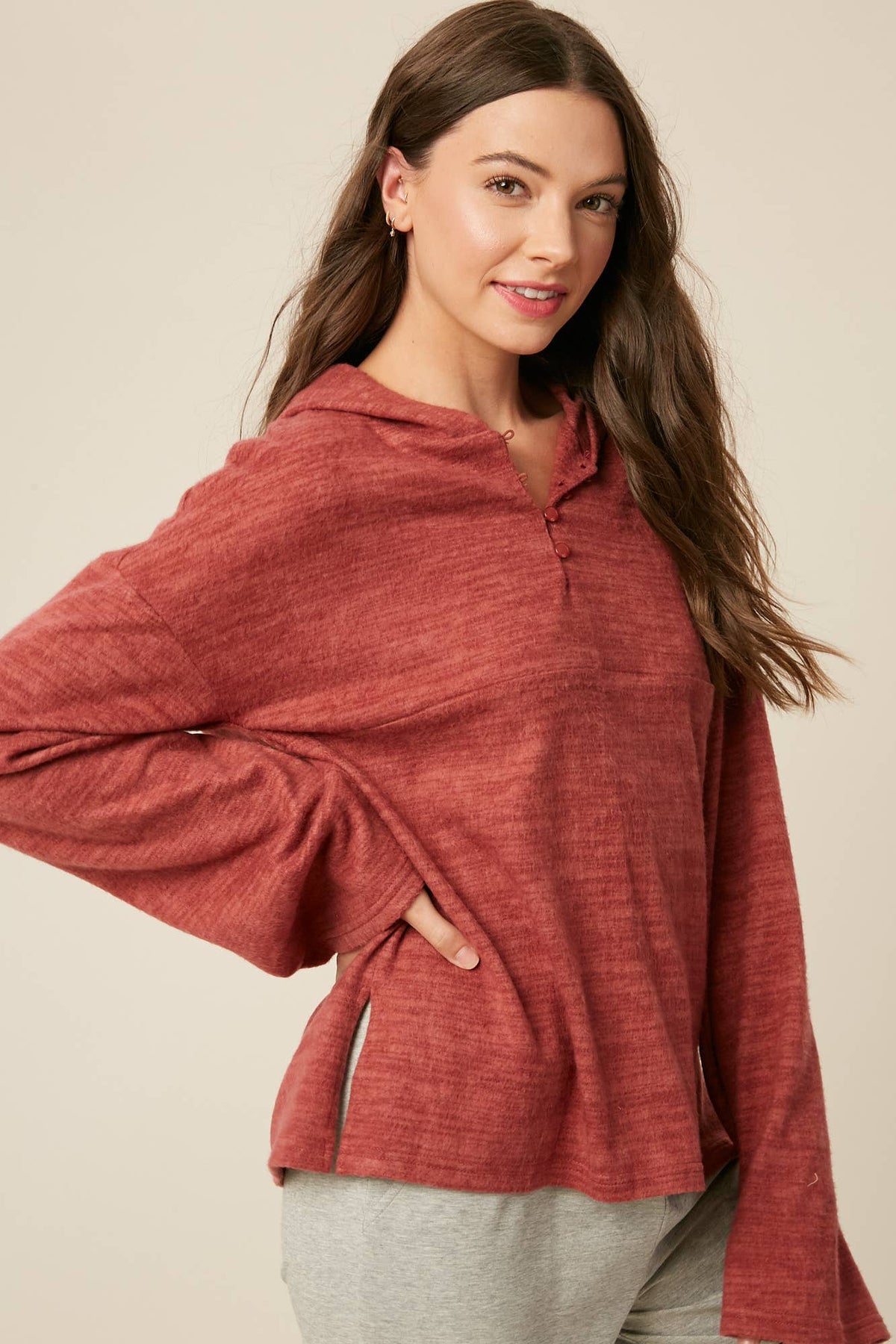 Plum Brushed Knit Henley Hoodie