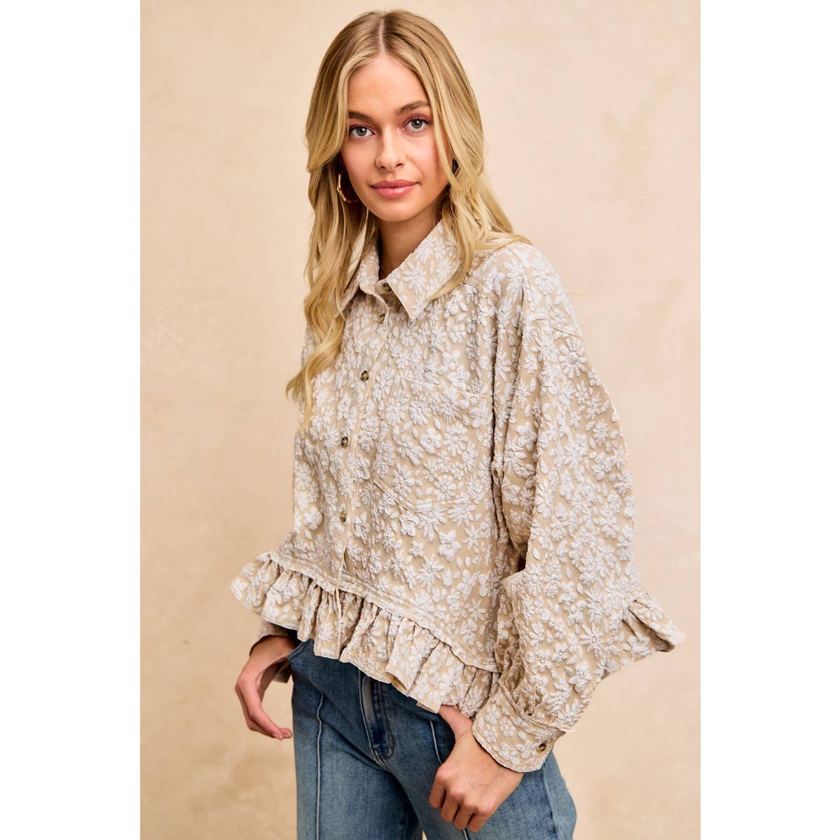 Textured Floral Ruffled Hem Button-Up Top