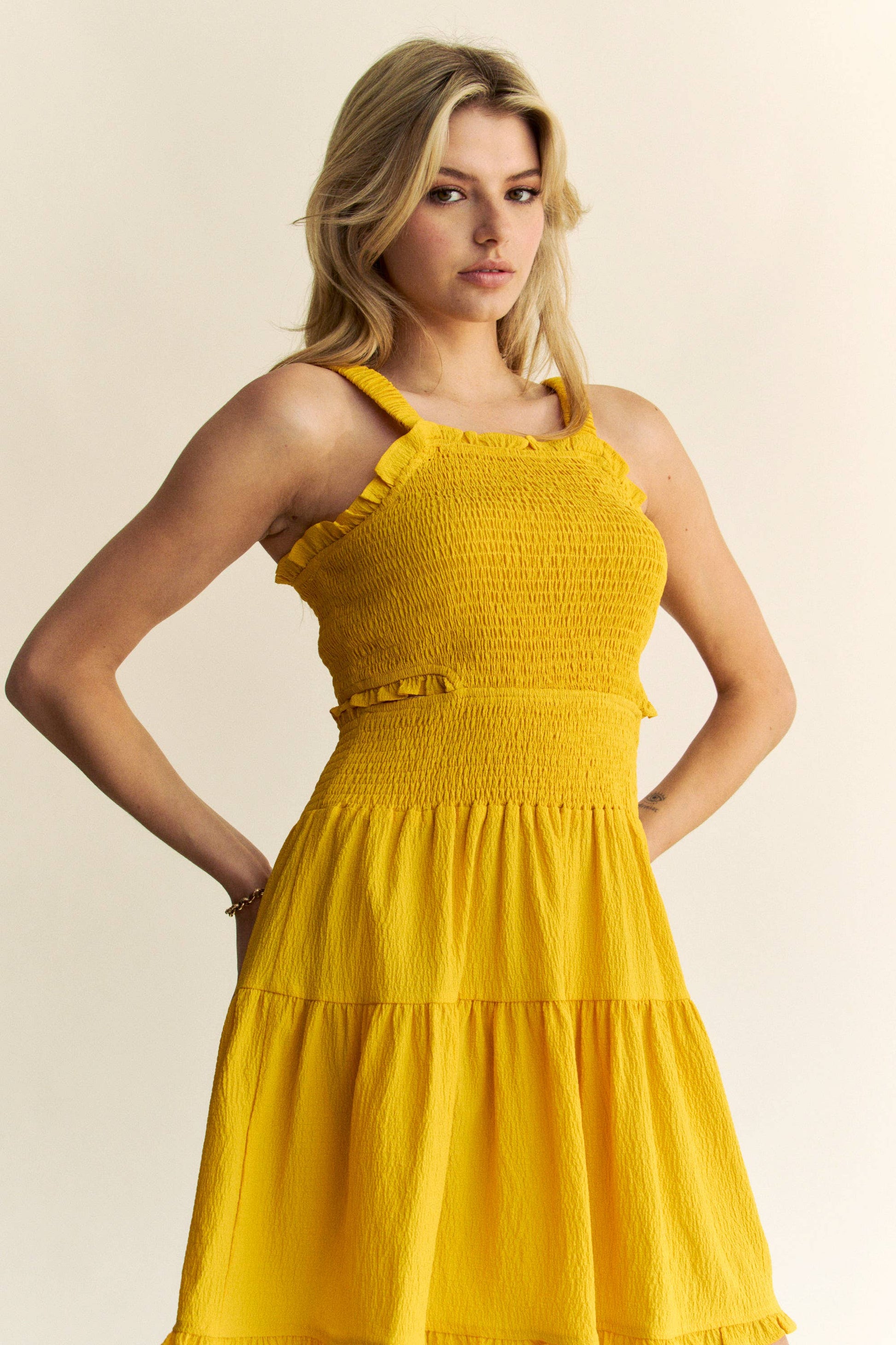 TEXTURED OPEN BACK SMOCKING CUT OUT MINI DRESS 926 WEST