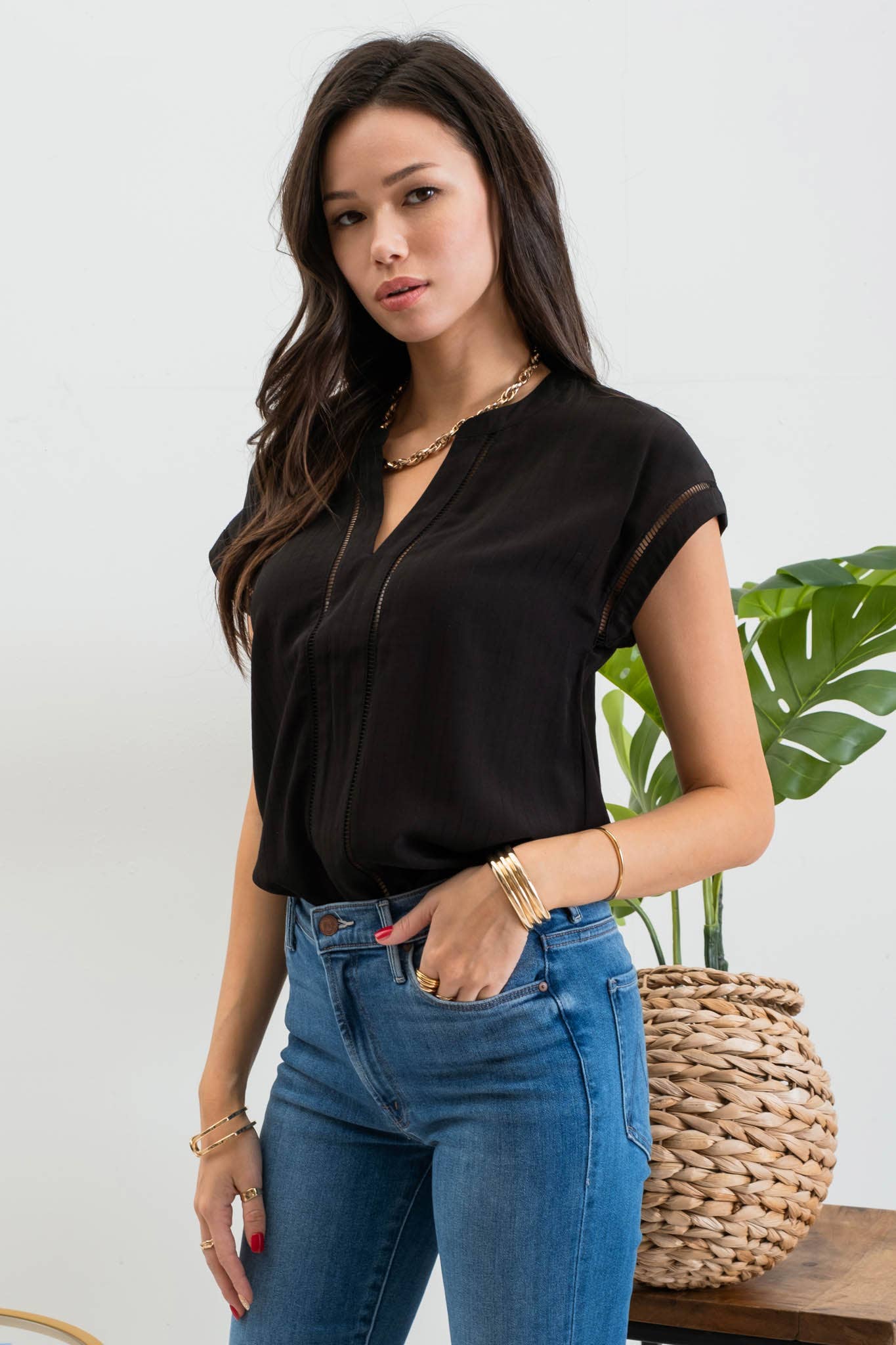 FINAL SALE- LACE TRIM SPLIT NECK TOP 926 WEST