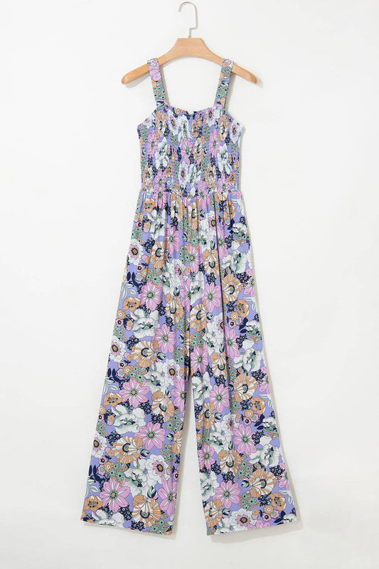 FINAL SALE- Floral Smocked Square Neck Summer Jumpsuit 926 WEST