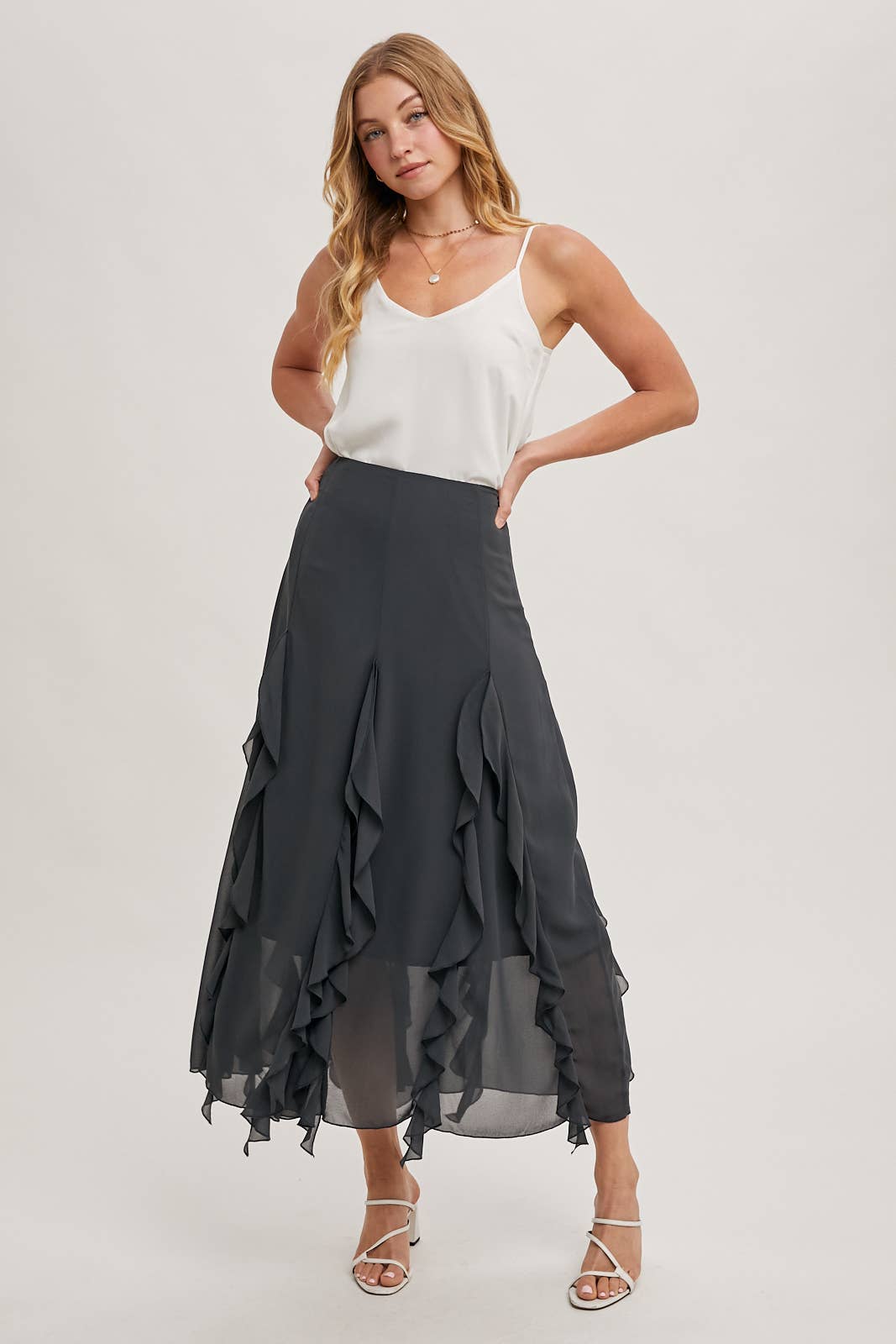 CHIFFON RUFFLED MAXI SKIRT WITH LINING Bluivy