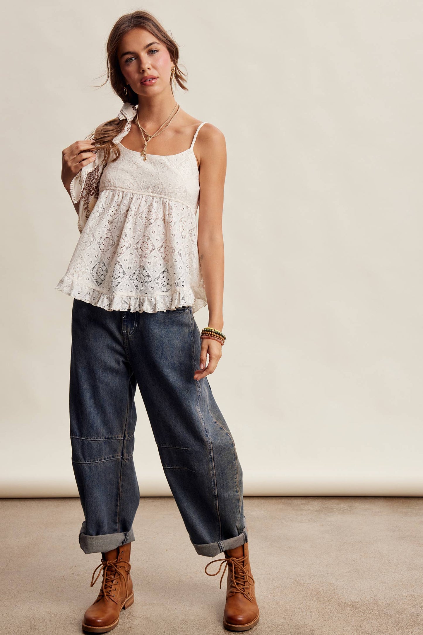 Floral Stretch Lace Peplum Cami Top – Ivory & Black