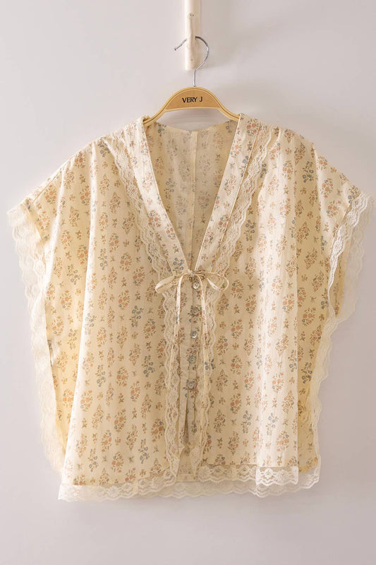 VERY J - Women's Romantic Floral Lace Tie Blouse