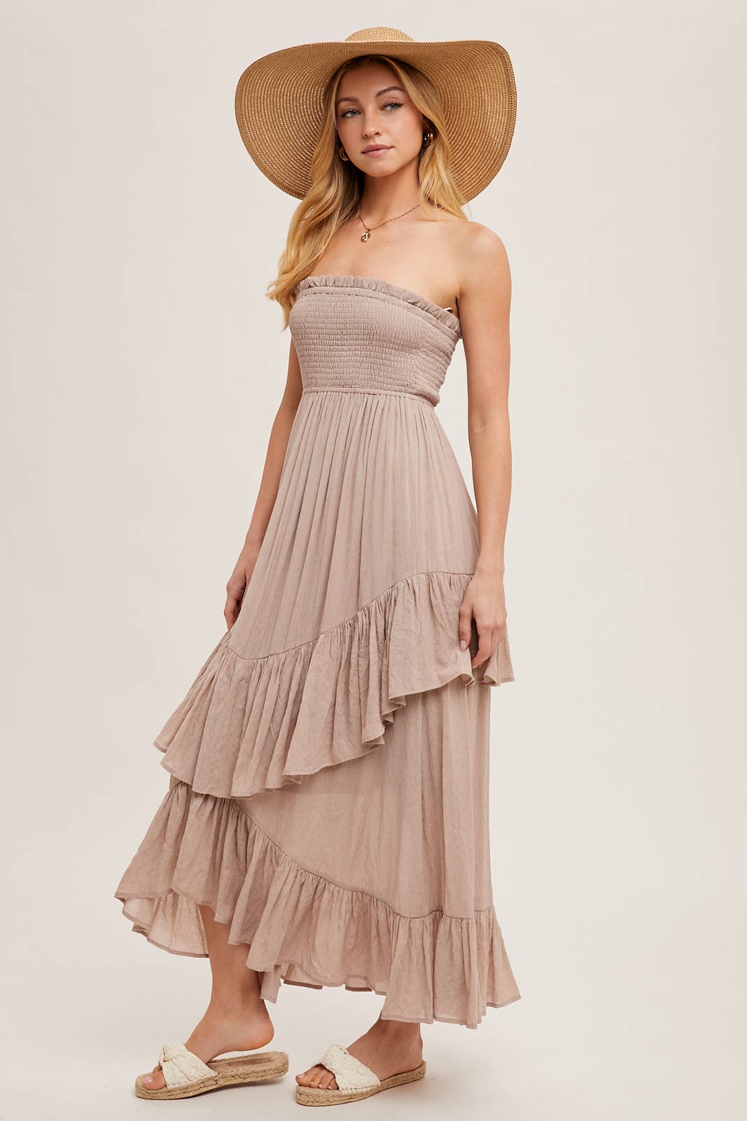 FINAL SALE- BOHO SMOCKED STRAPLESS TIERED RUFFLE MIDI DRESS 926 WEST