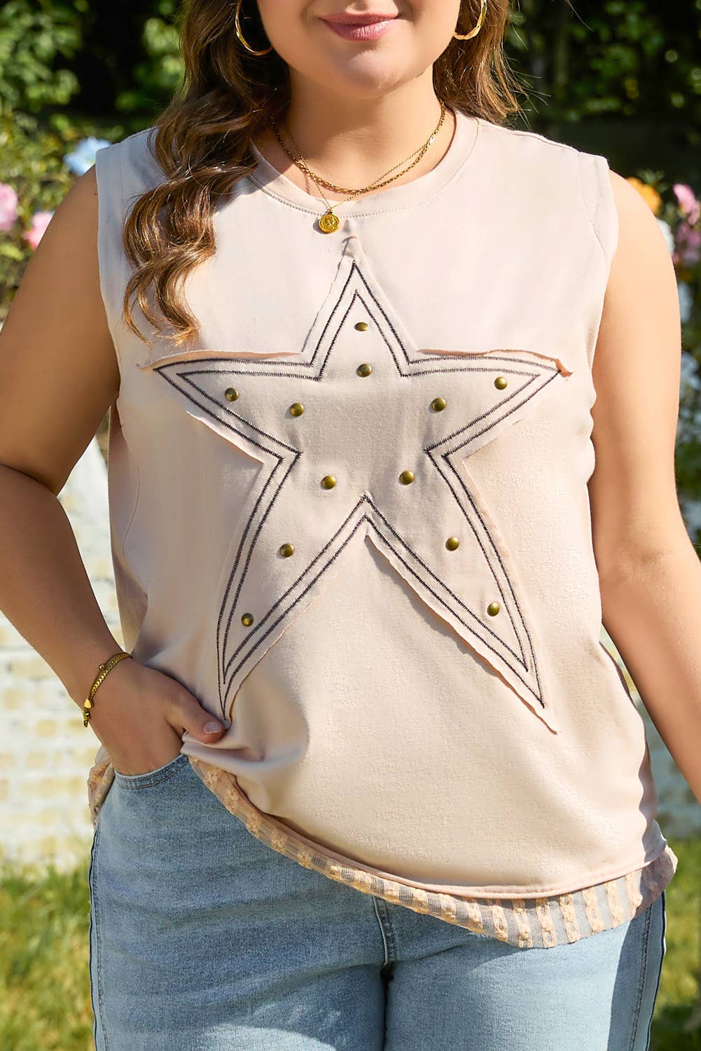 Studded Star Lace Patchwork Hem Plus Size Tank Top 926 WEST