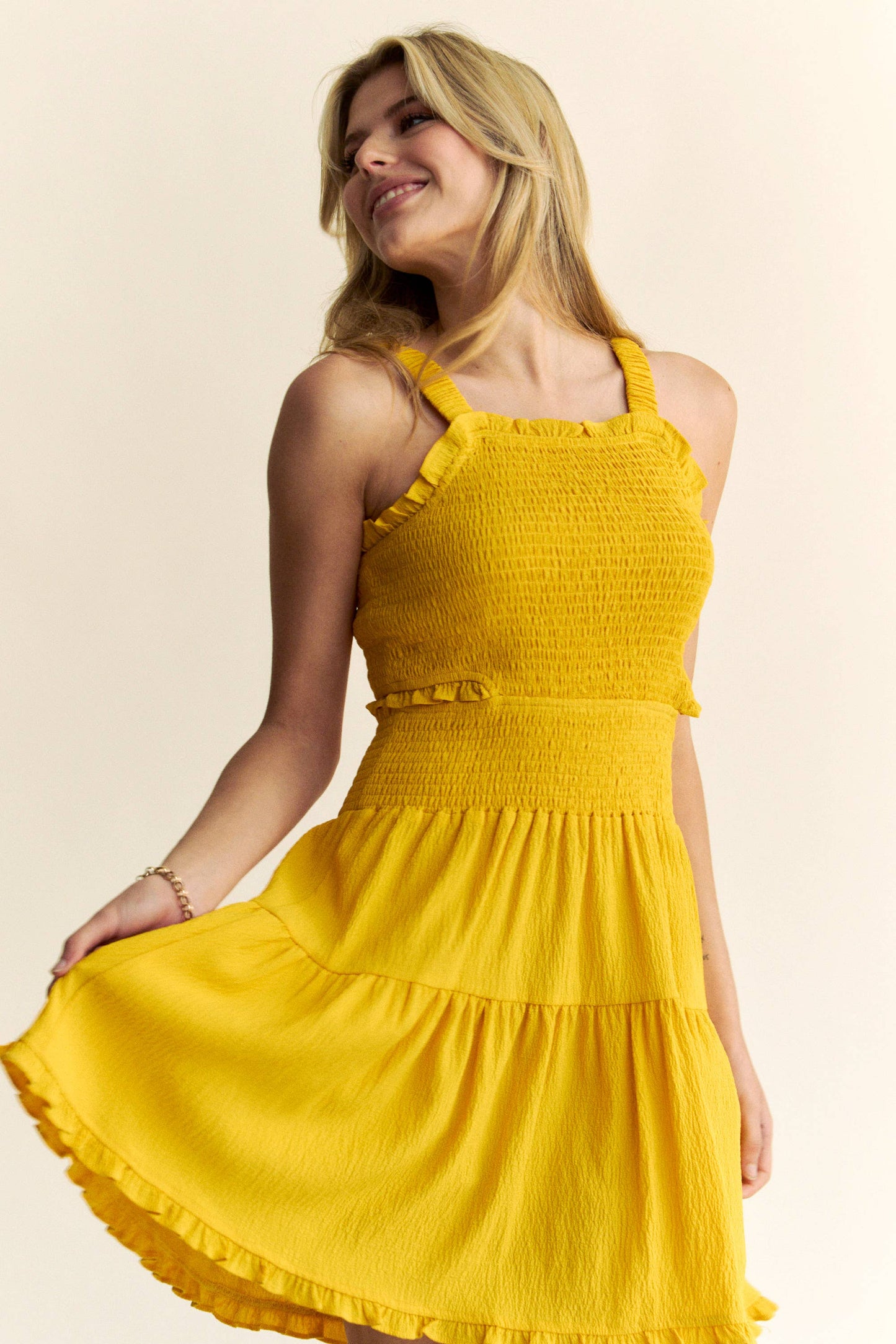 TEXTURED OPEN BACK SMOCKING CUT OUT MINI DRESS 926 WEST