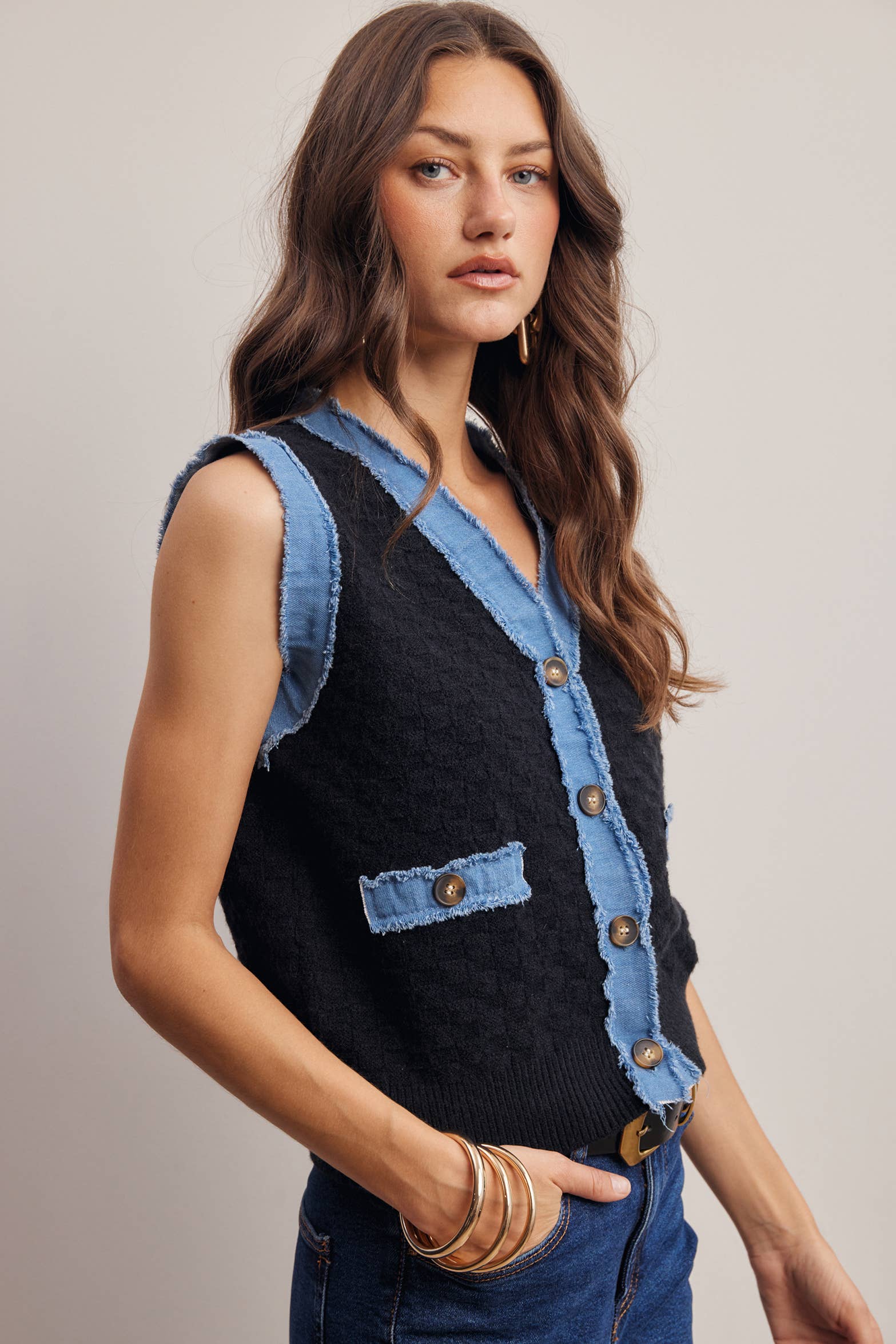 Your Favorite Denim Trim Knit Vest - 926 West