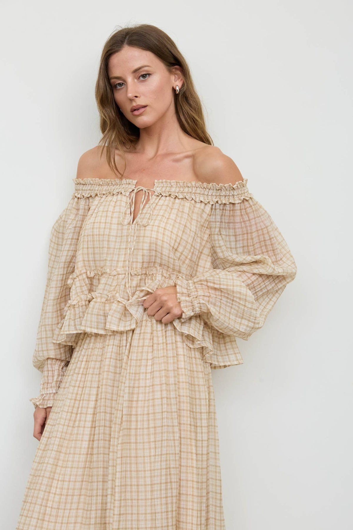 Khaki Plaid Smocked Puff Sleeve Top