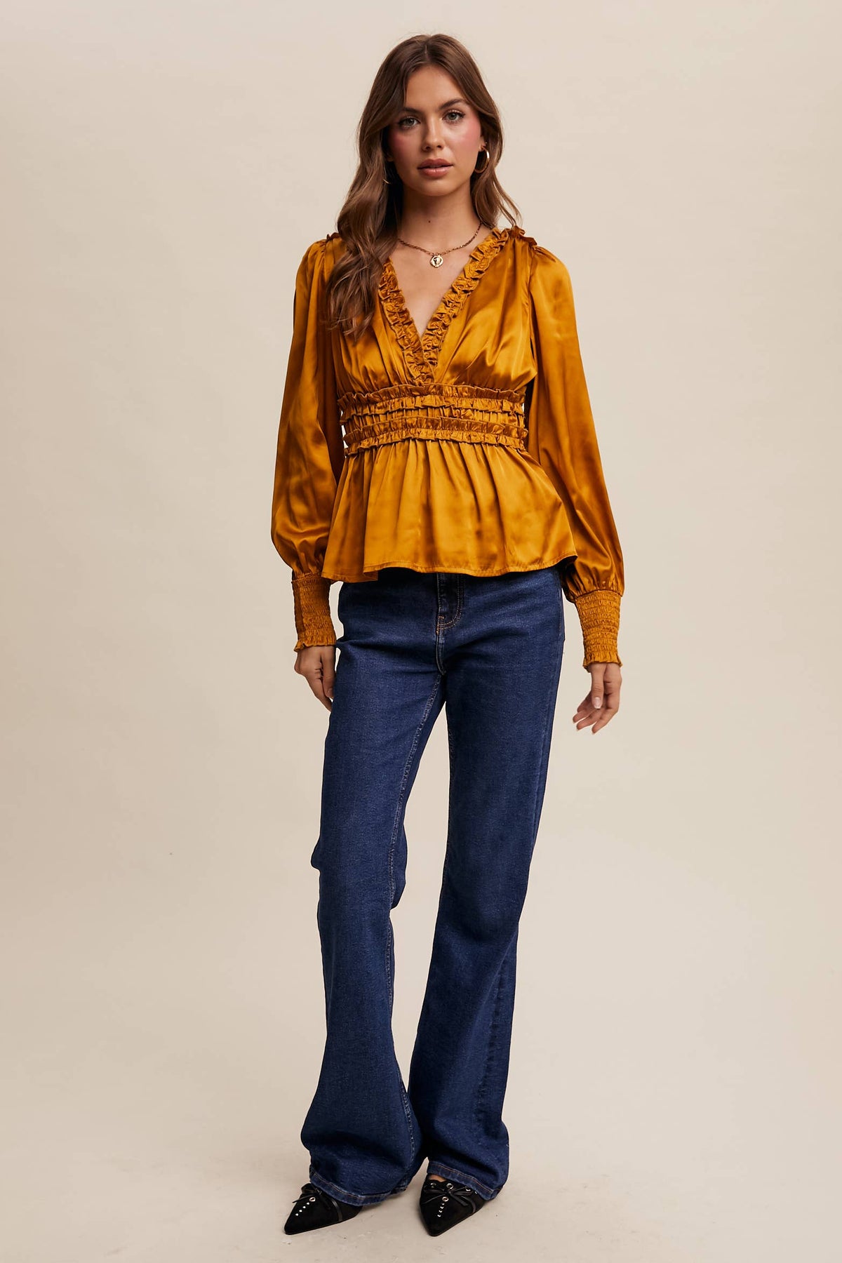 Butter Scotch Ruffle-Trim Satin Peplum Blouse