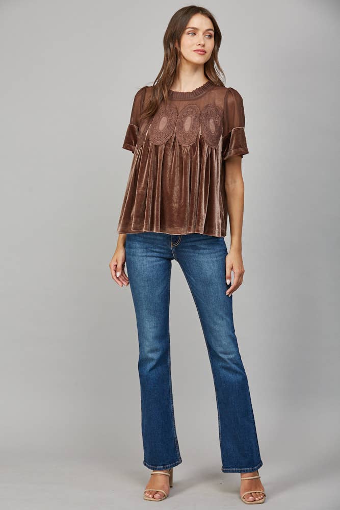 LACE DETAIL VELVET BABYDOLL TOP FT25474 FATE