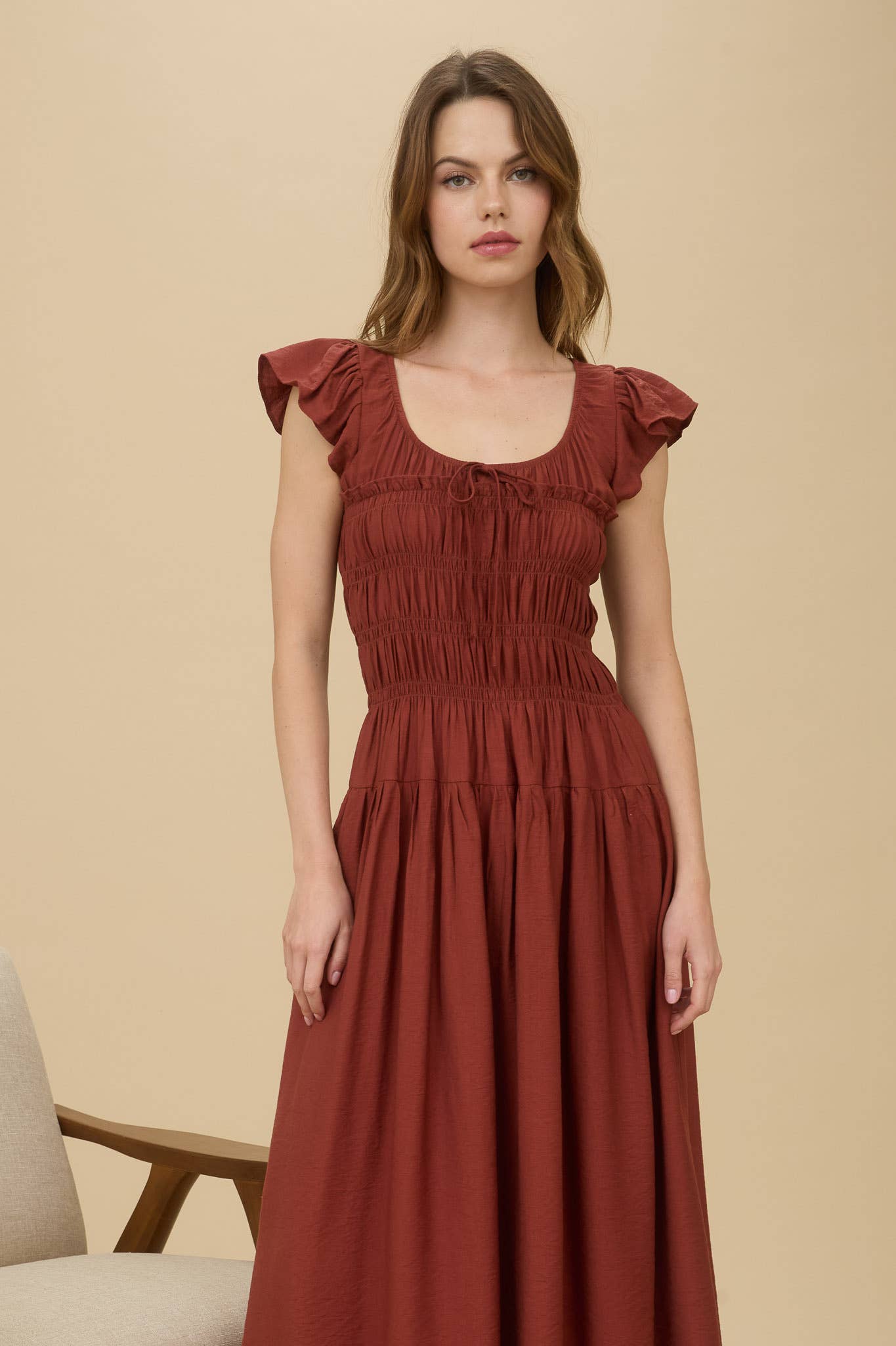 Blu Pepper - SHIRRED BODICE RUFFLE SLEEVE MIDI DRESS - 926 West