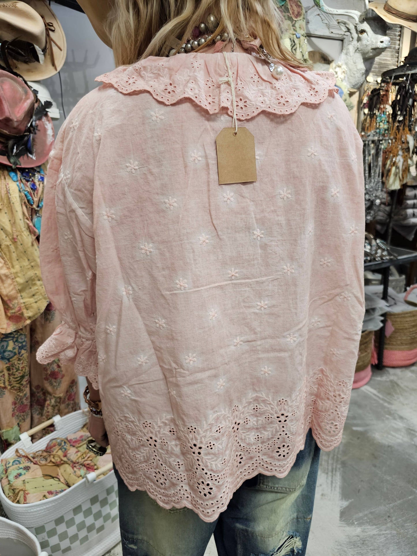 A RARE BIRD - Pink Eyelet Linen Top