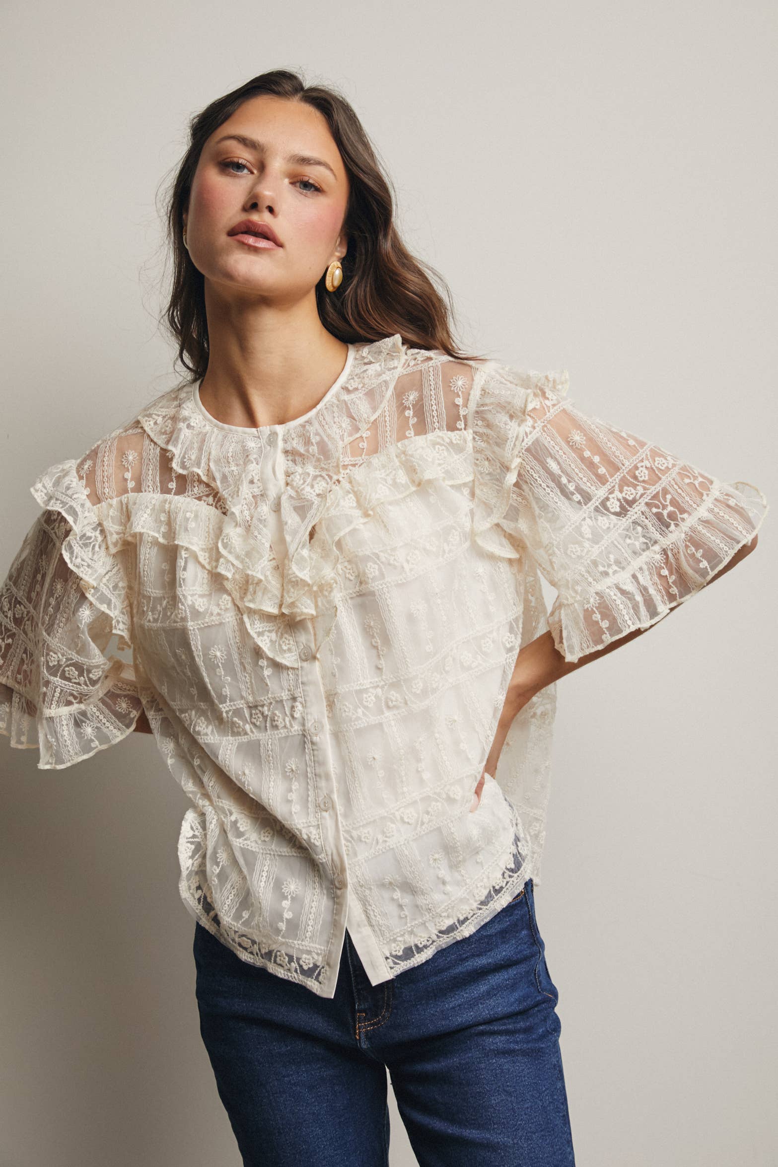 Embroidered Ruffle Lace Blouse - 926 West