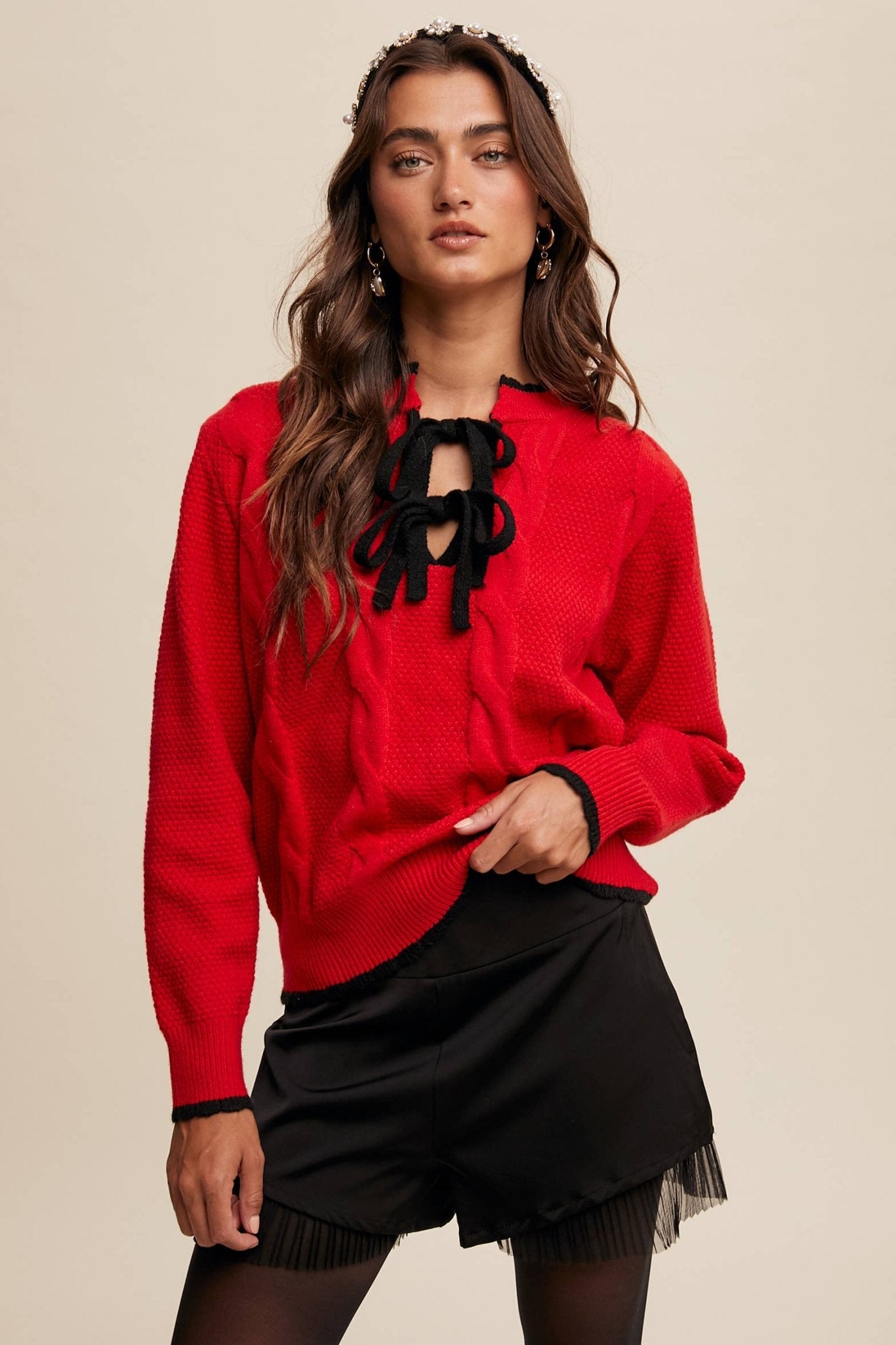 Contrast Bow - Tie Knit Pullover Sweater - 926 West
