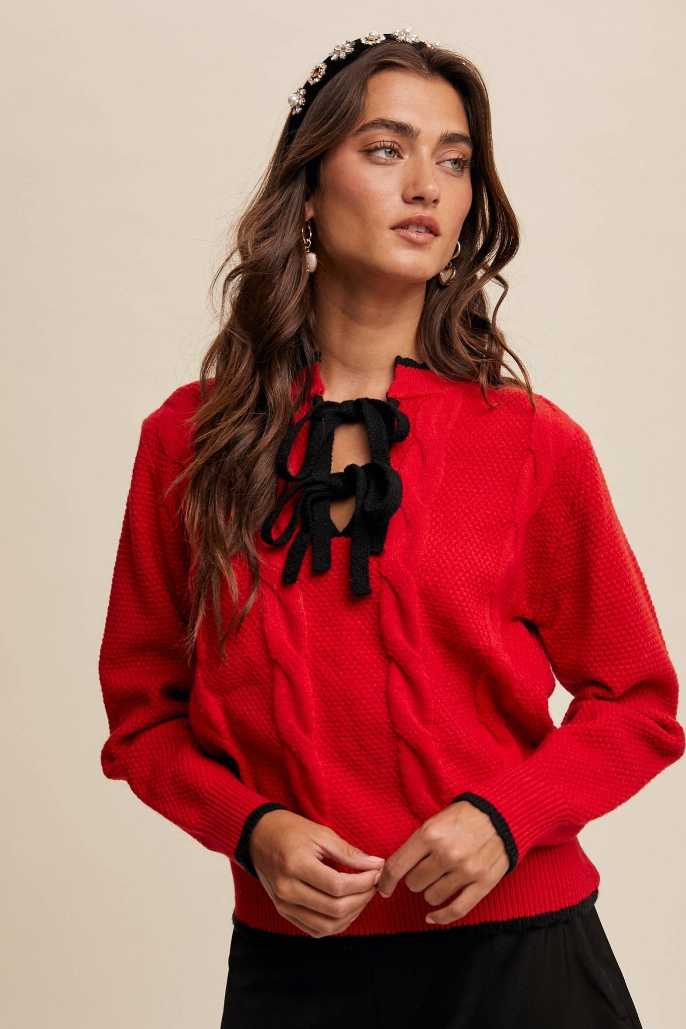 Contrast Bow - Tie Knit Pullover Sweater - 926 West