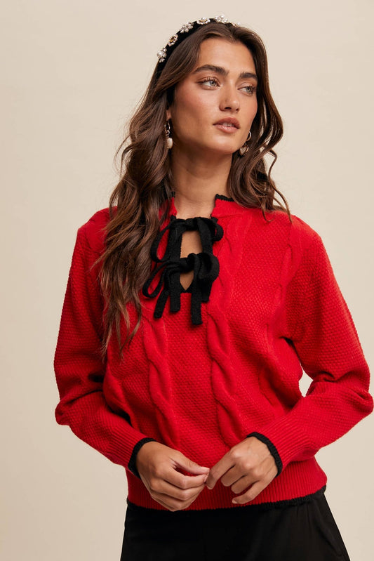 Contrast Bow - Tie Knit Pullover Sweater - 926 West