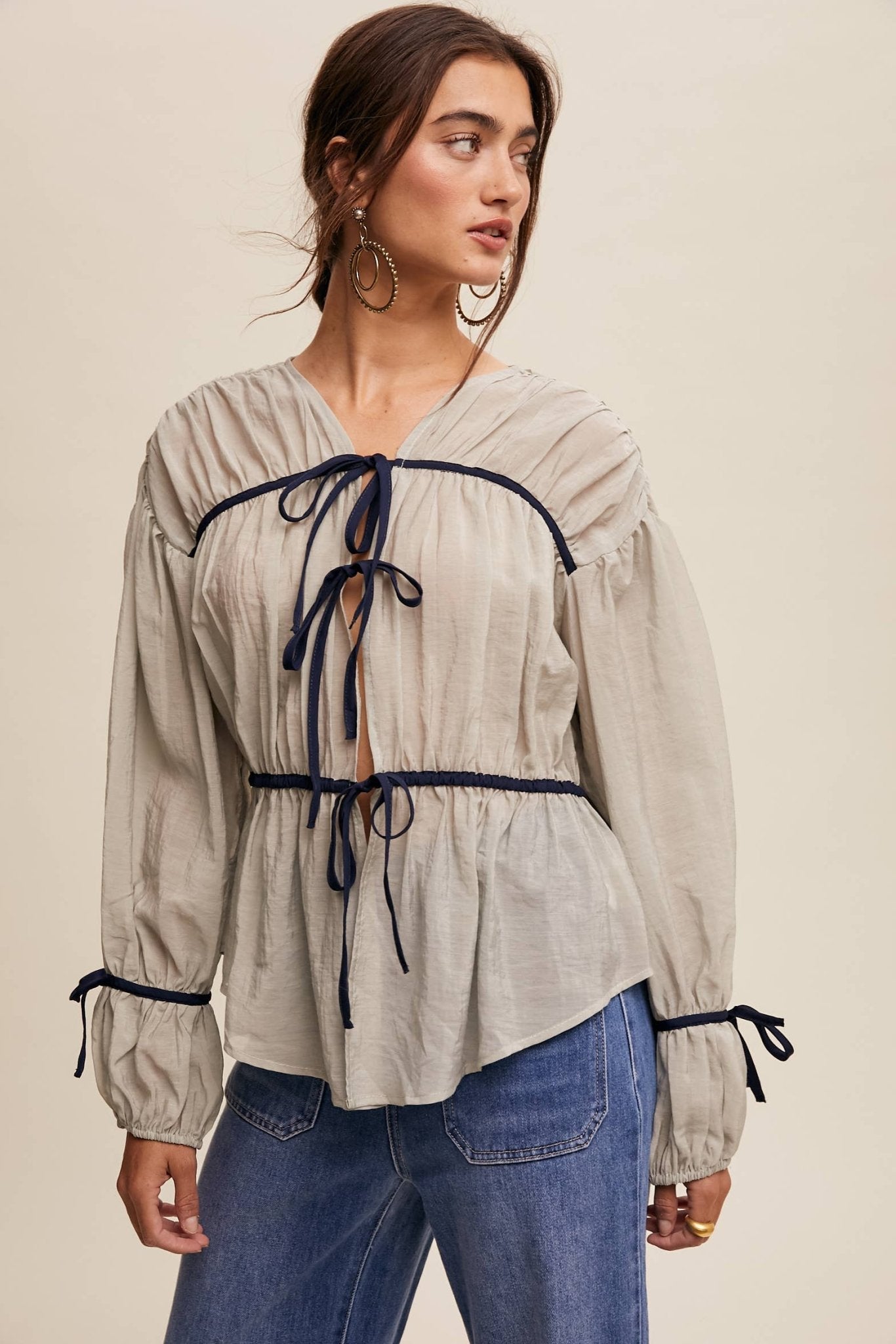 Contrast Trim Ribbon Tie Blouse - 926 West