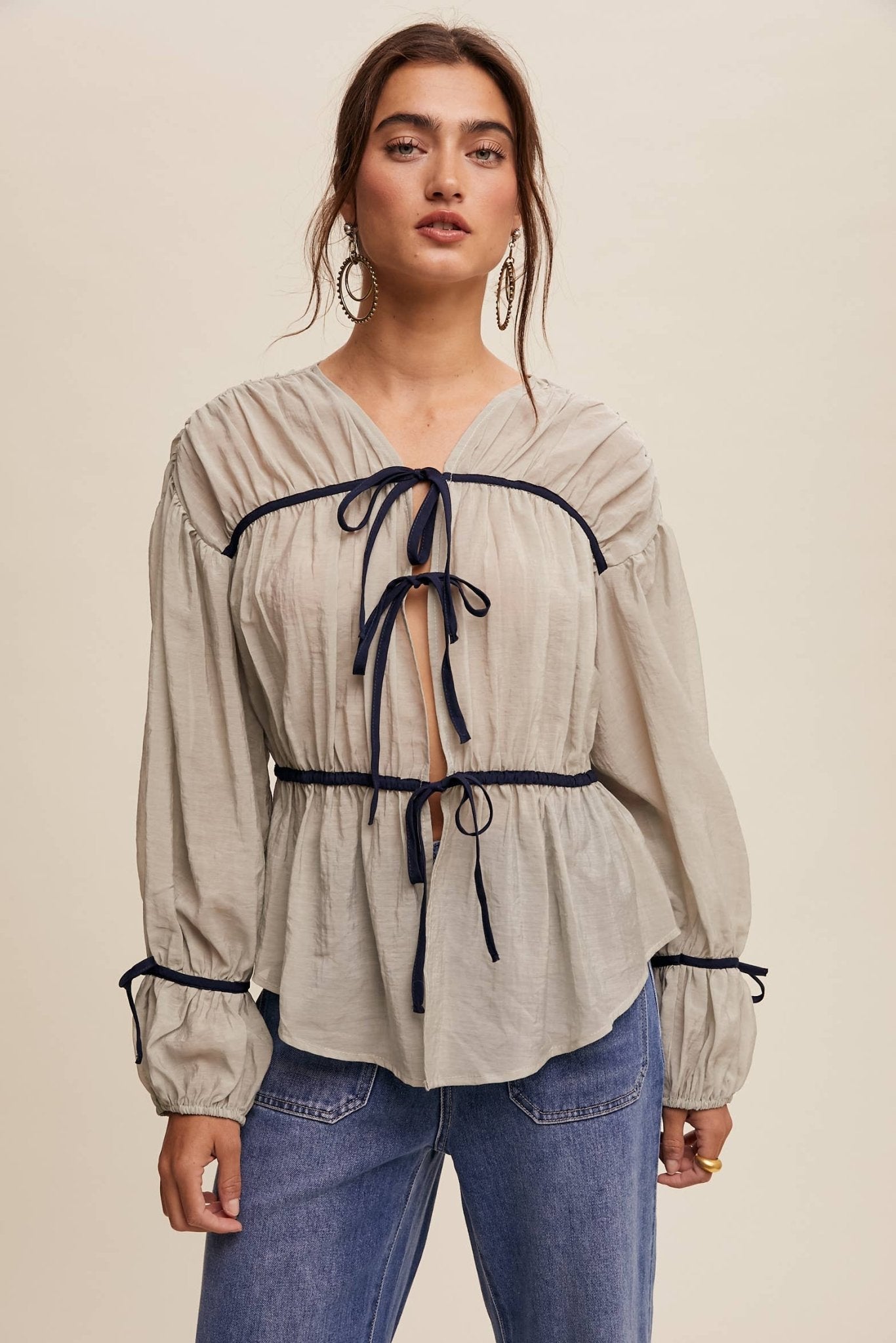 Contrast Trim Ribbon Tie Blouse - 926 West