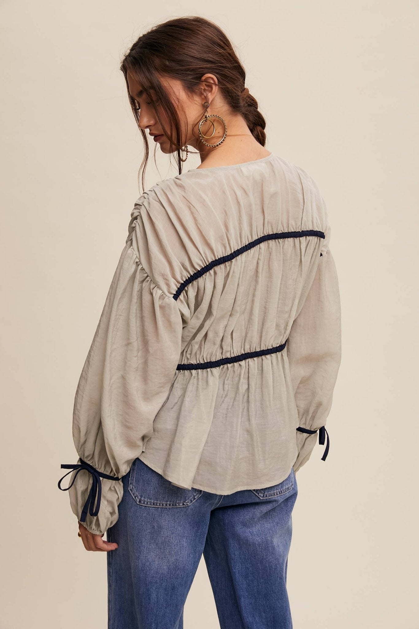 Contrast Trim Ribbon Tie Blouse - 926 West