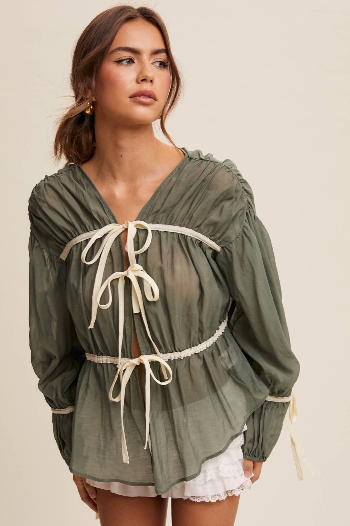 Contrast Trim Ribbon Tie Blouse - 926 West