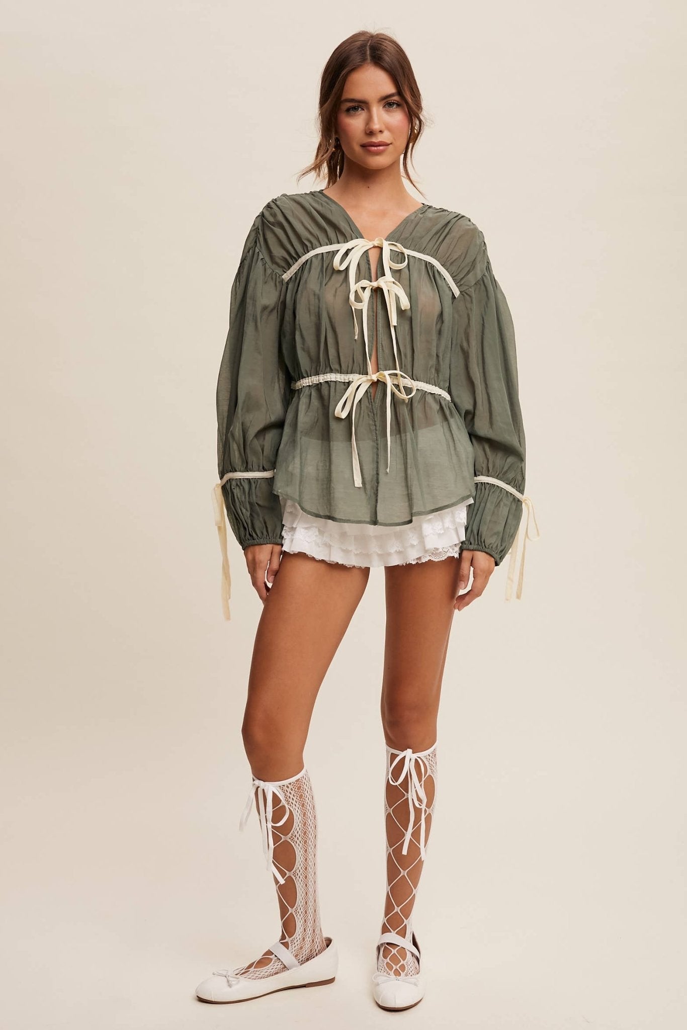 Contrast Trim Ribbon Tie Blouse - 926 West