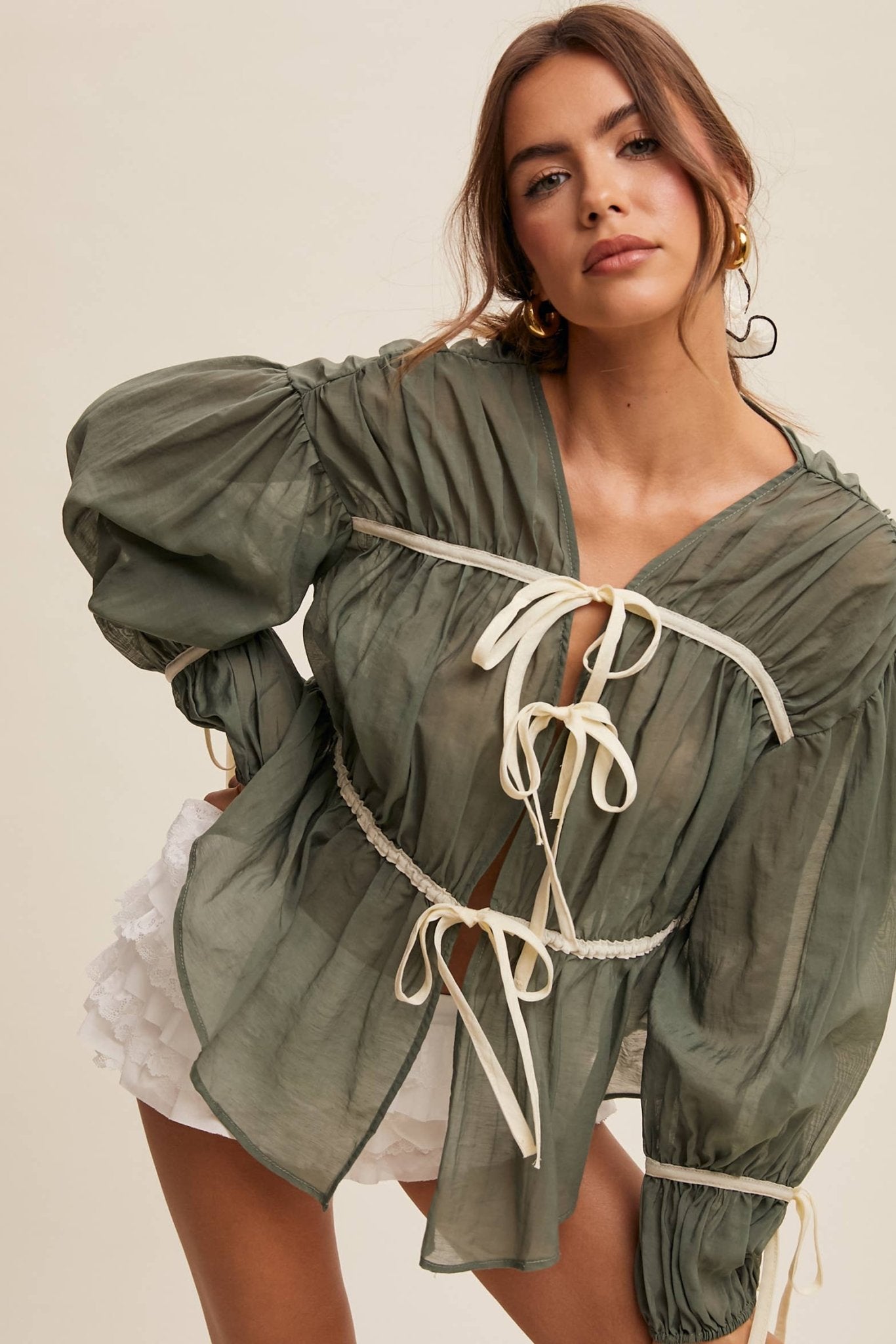 Contrast Trim Ribbon Tie Blouse - 926 West