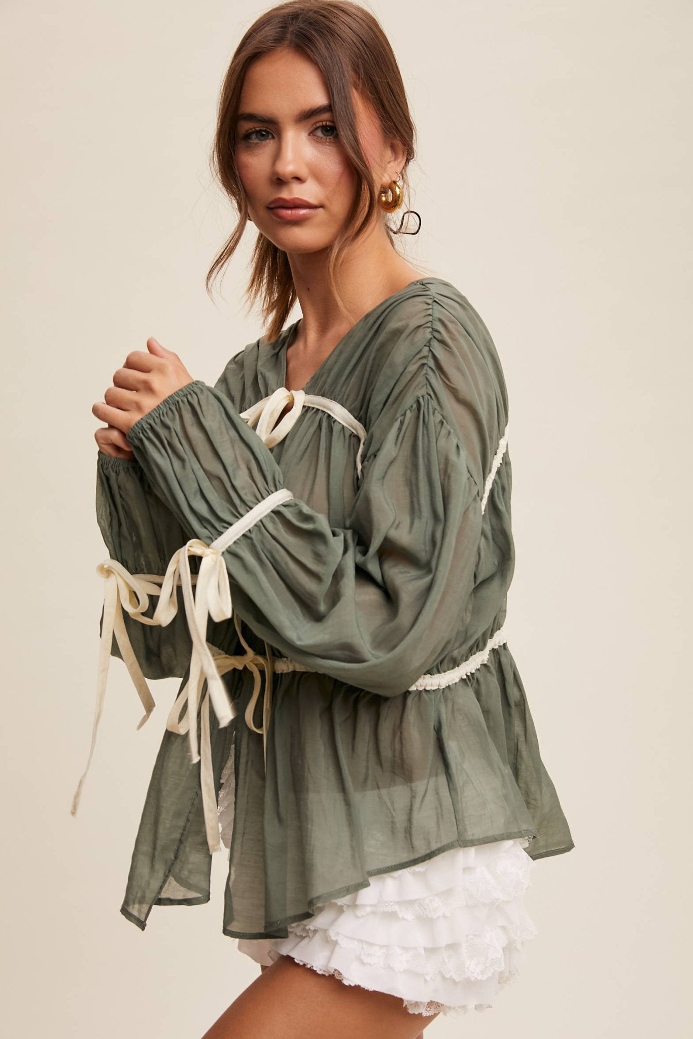 Contrast Trim Ribbon Tie Blouse - 926 West