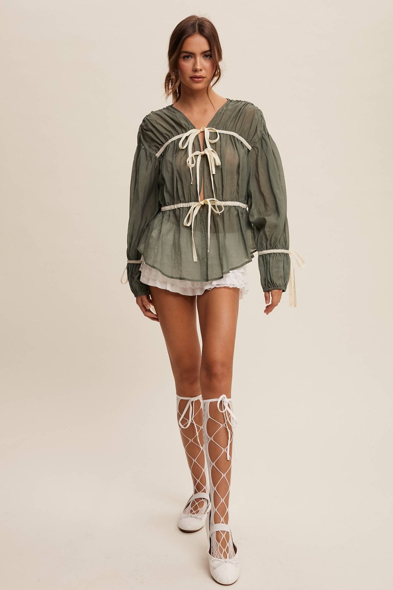 Contrast Trim Ribbon Tie Blouse - 926 West