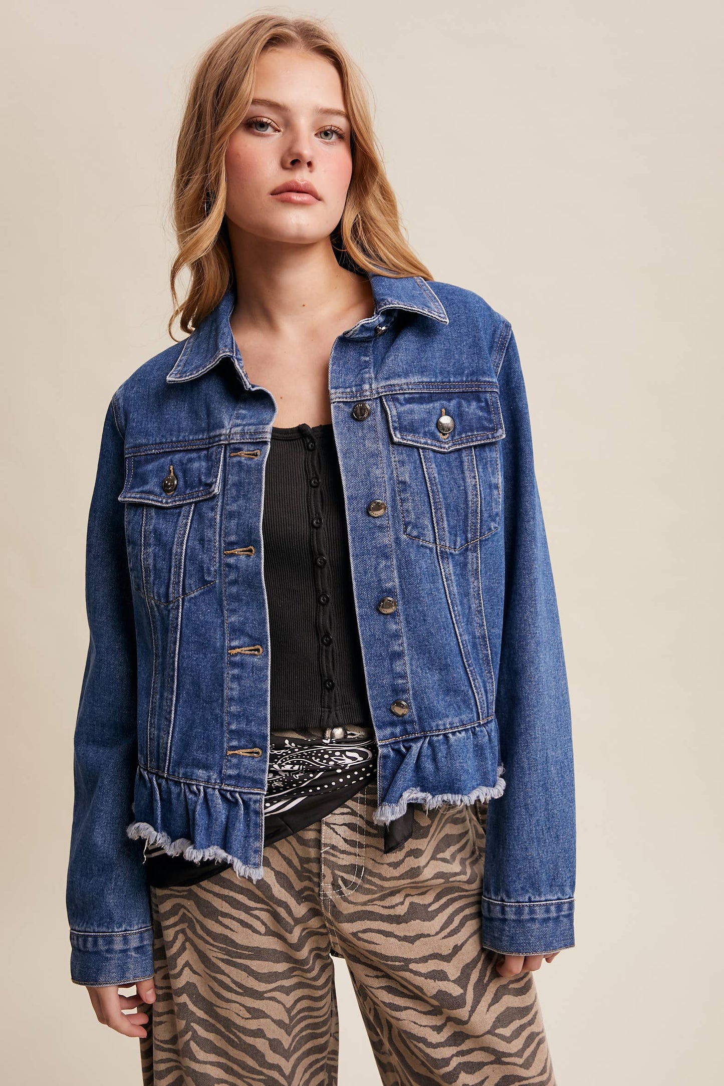 Listicle - Ruffled Hem Denim Jacket