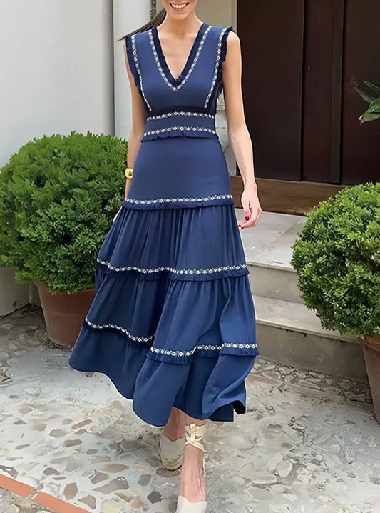 FINAL SALE- MOLLY V-Neck Tassel Panels With Swing Maxi Dresses Rosa Clothing