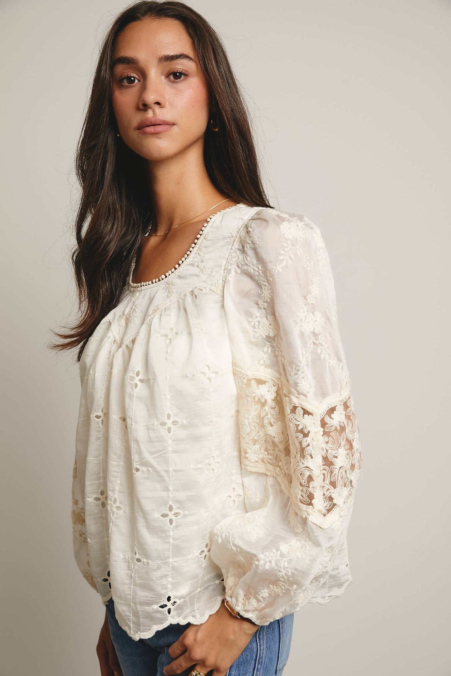 Forte - Embroidered Lace Puff Sleeve Blouse
