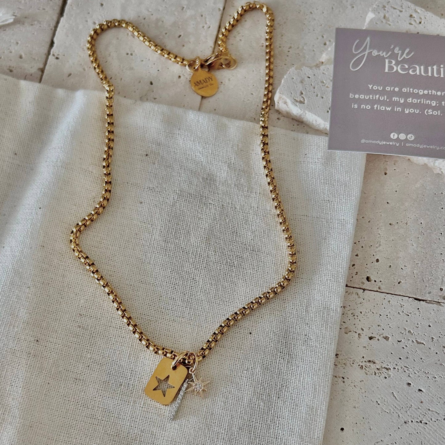 Star Tag & Crystal Bar Layering Necklace | 18K Gold Plated