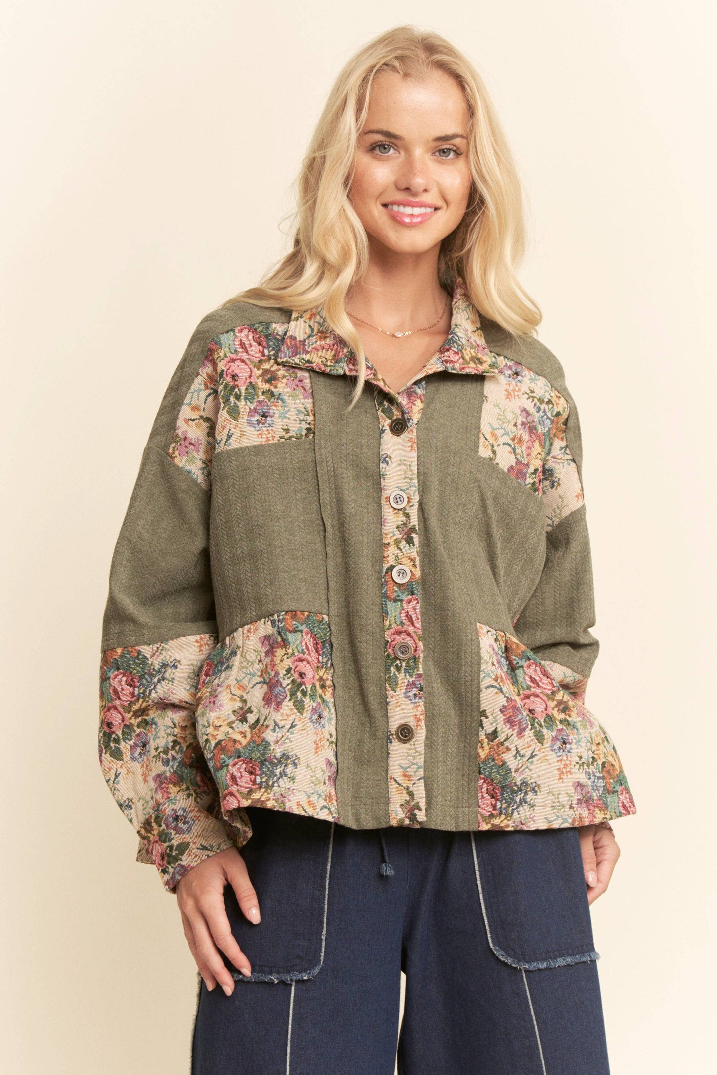 GARDEN KNIT BLOCKED BUTTON FRONT PEPLUM SHIRT