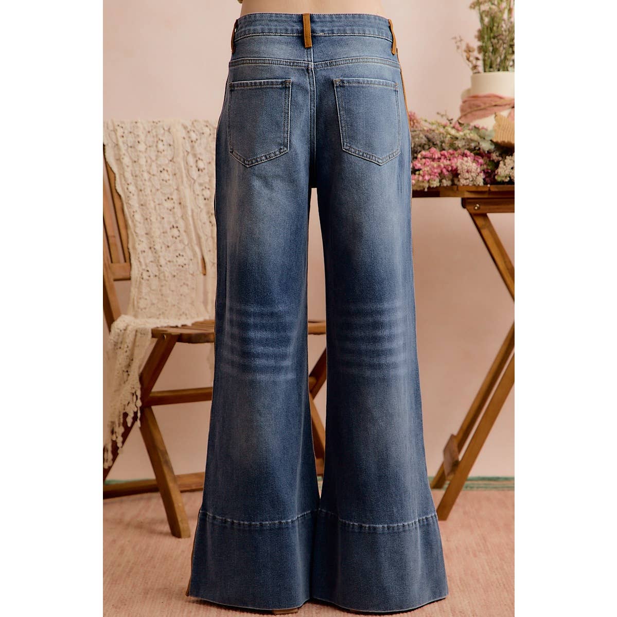 Wide-Leg Flare Washed Denim Jeans with Side-Seam Detail
