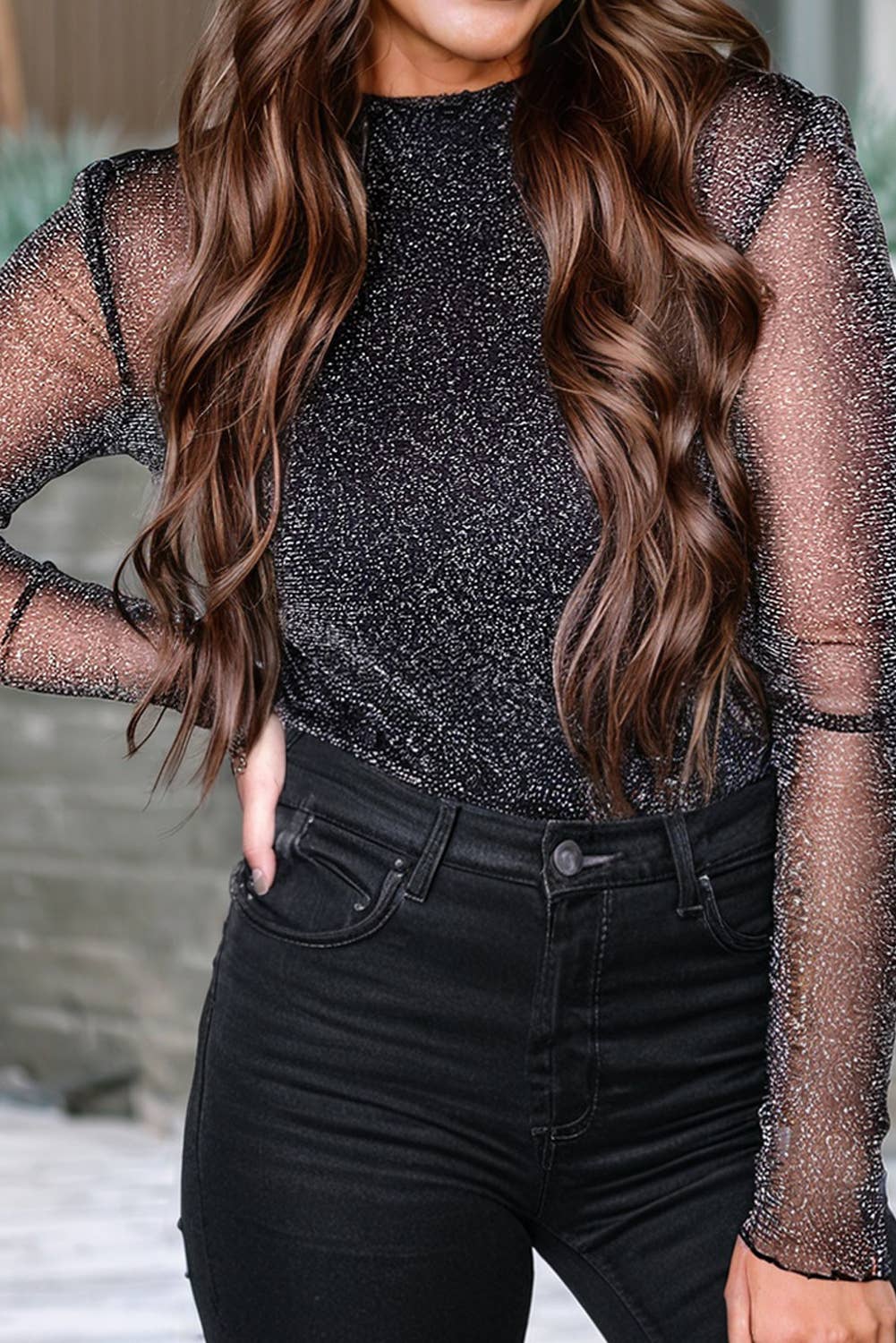 LDC Metallic Glitter Mesh Long Sleeve Top Little Daisy Closet