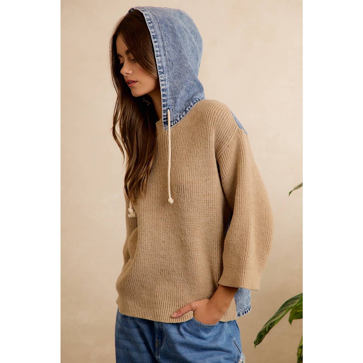 Denim Contrast Hooded Knit Pullover Top