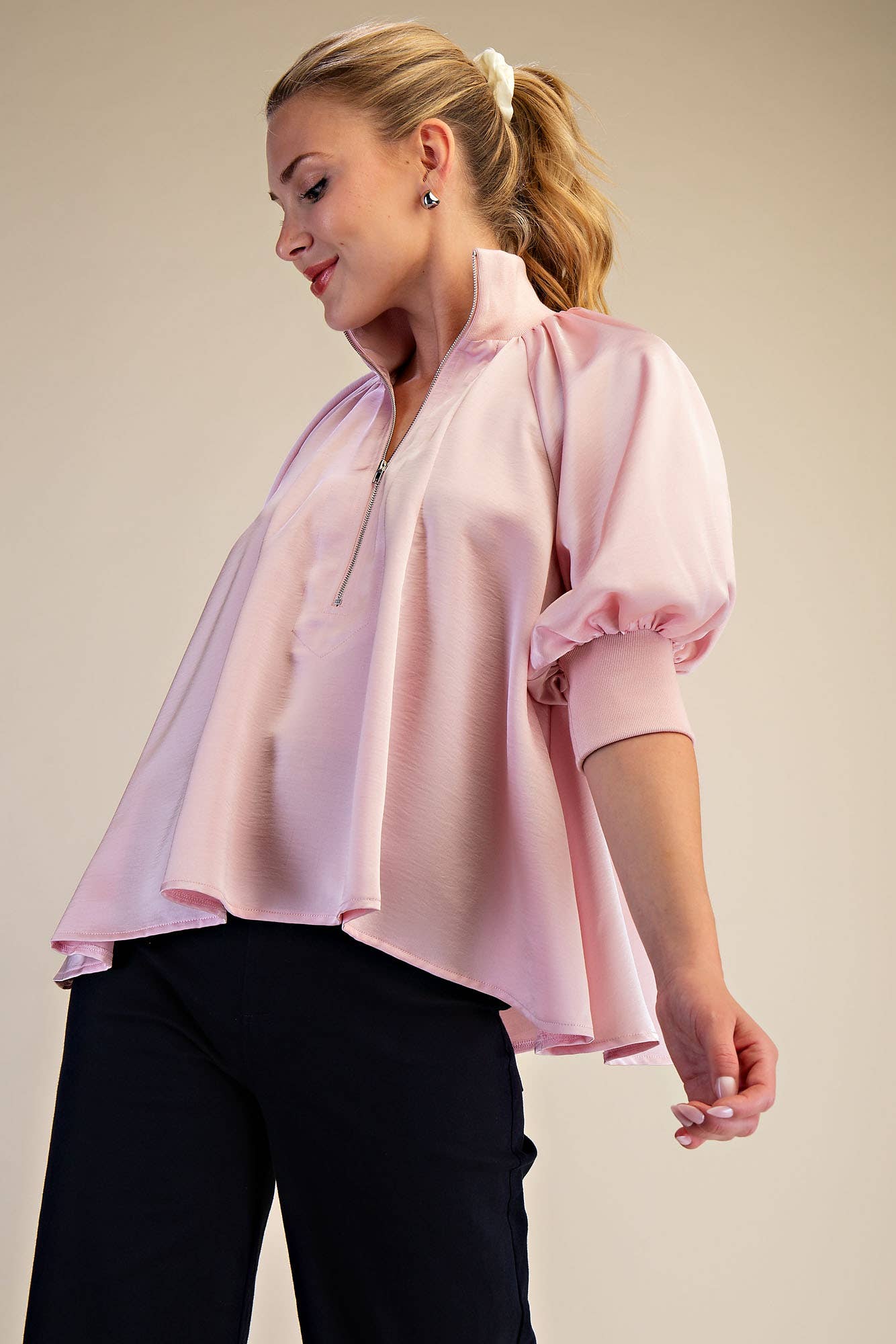 GLAM - Mock Neck Band Puff Sleeve Elegance Blouse