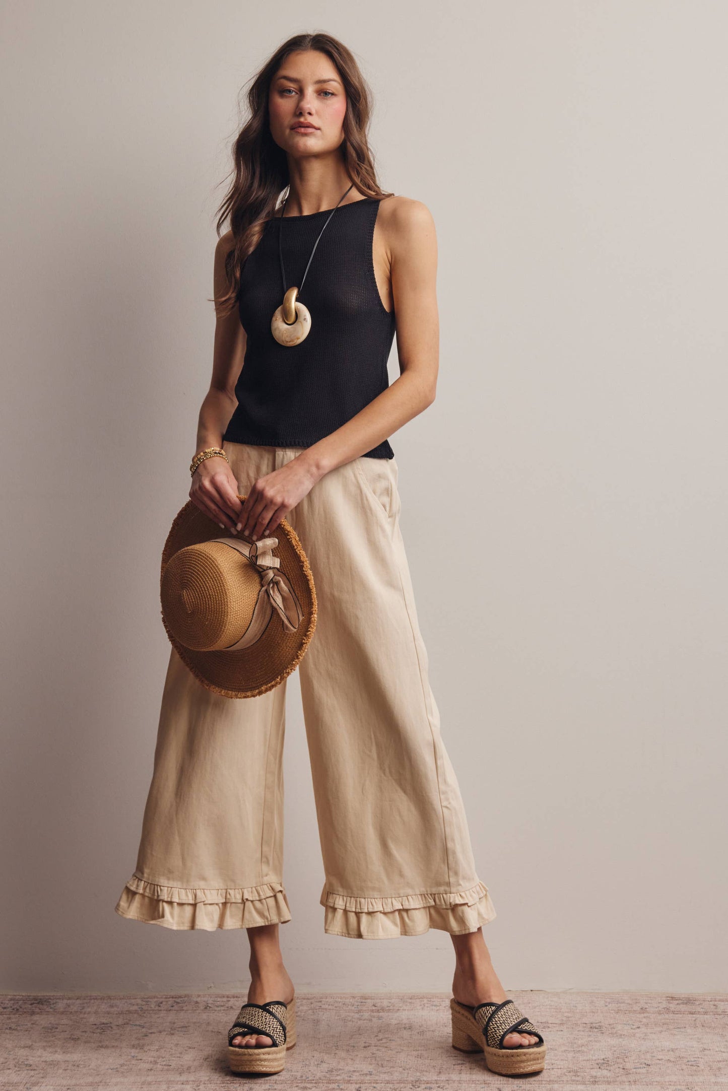 Forte - Ruffle Hem Wide-Leg Pants