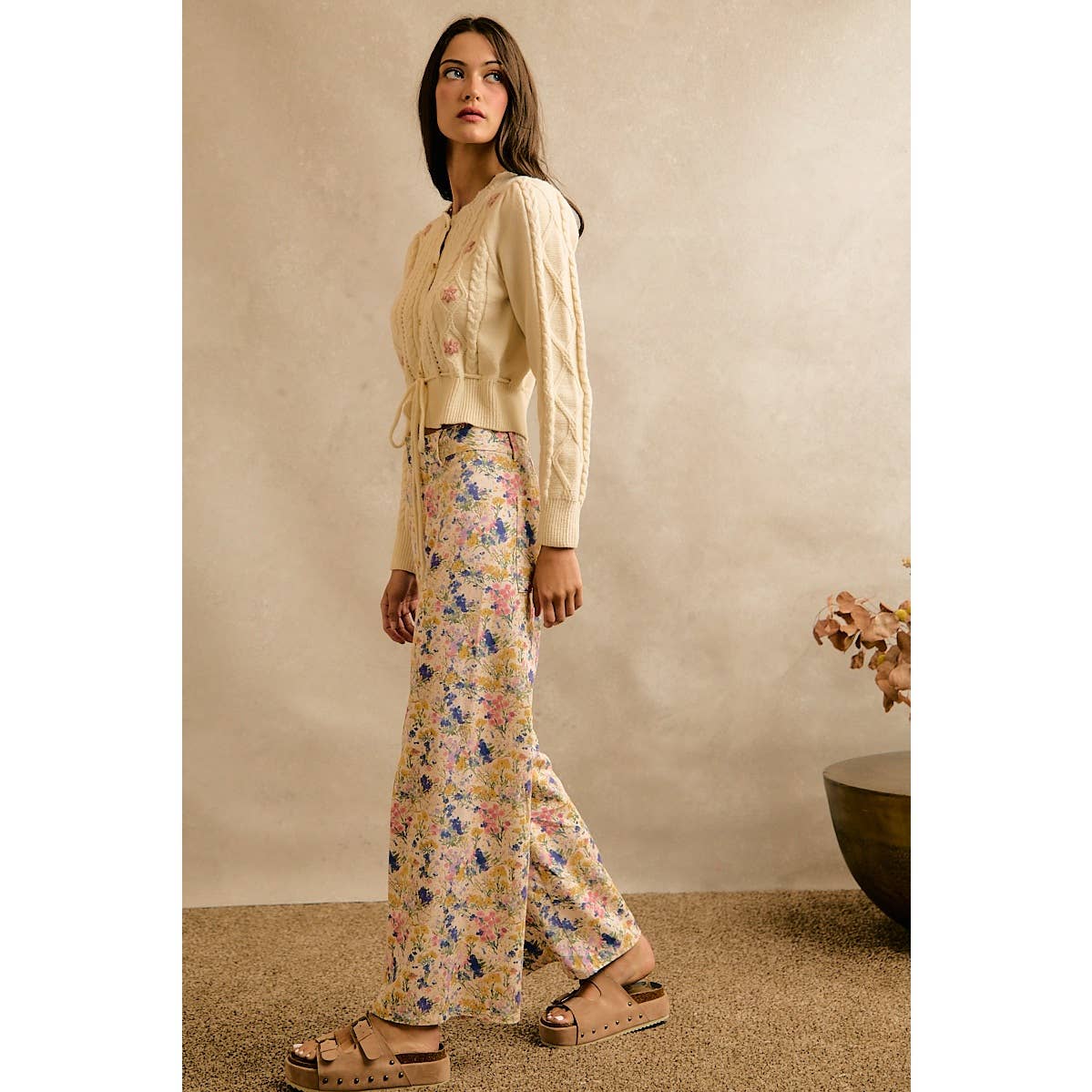 Floral Print Twill Wide Leg Pants