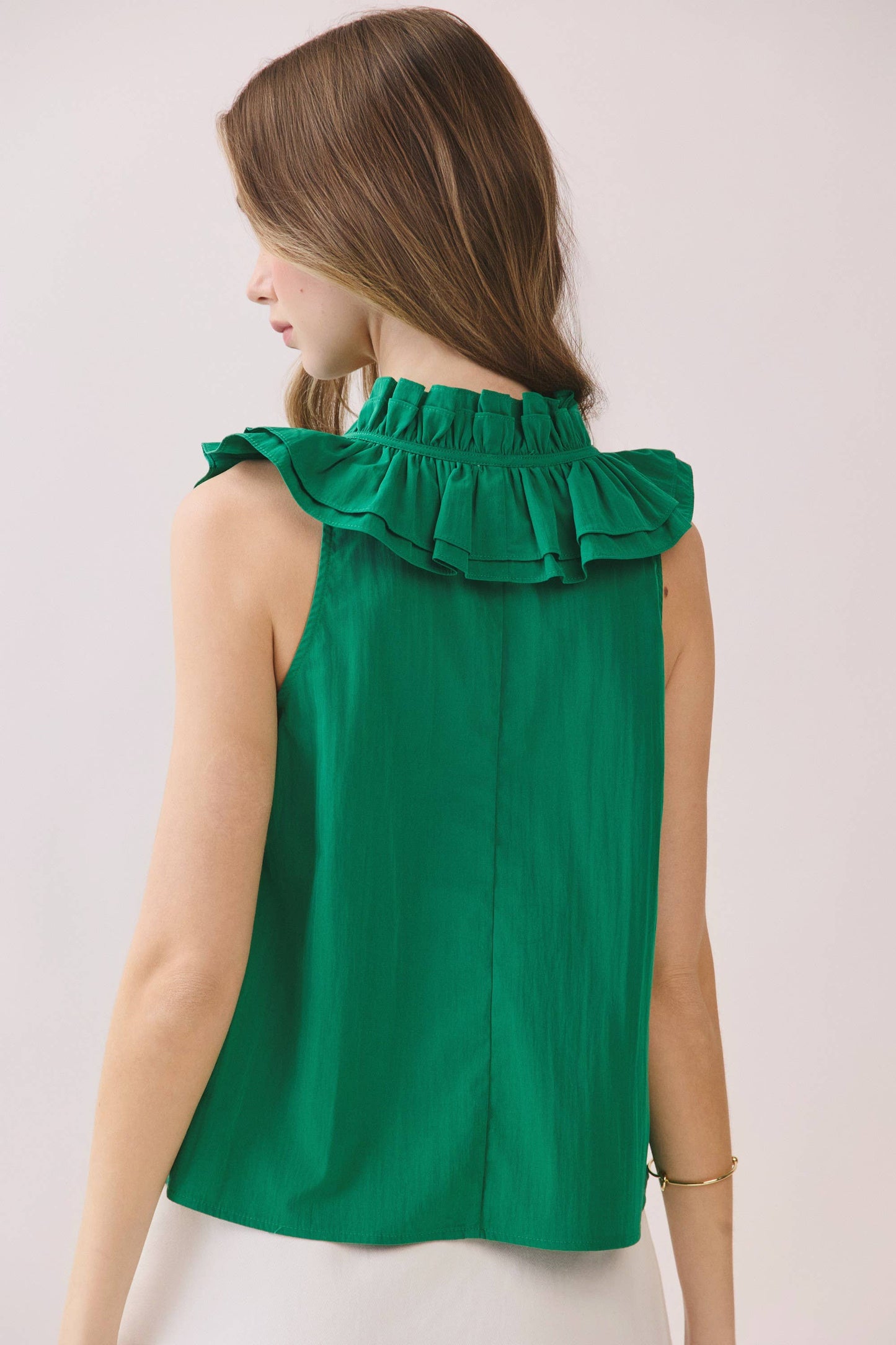 Layered Ruffle Tie Neck Sleeveless Top - Flowy Woven Blouse