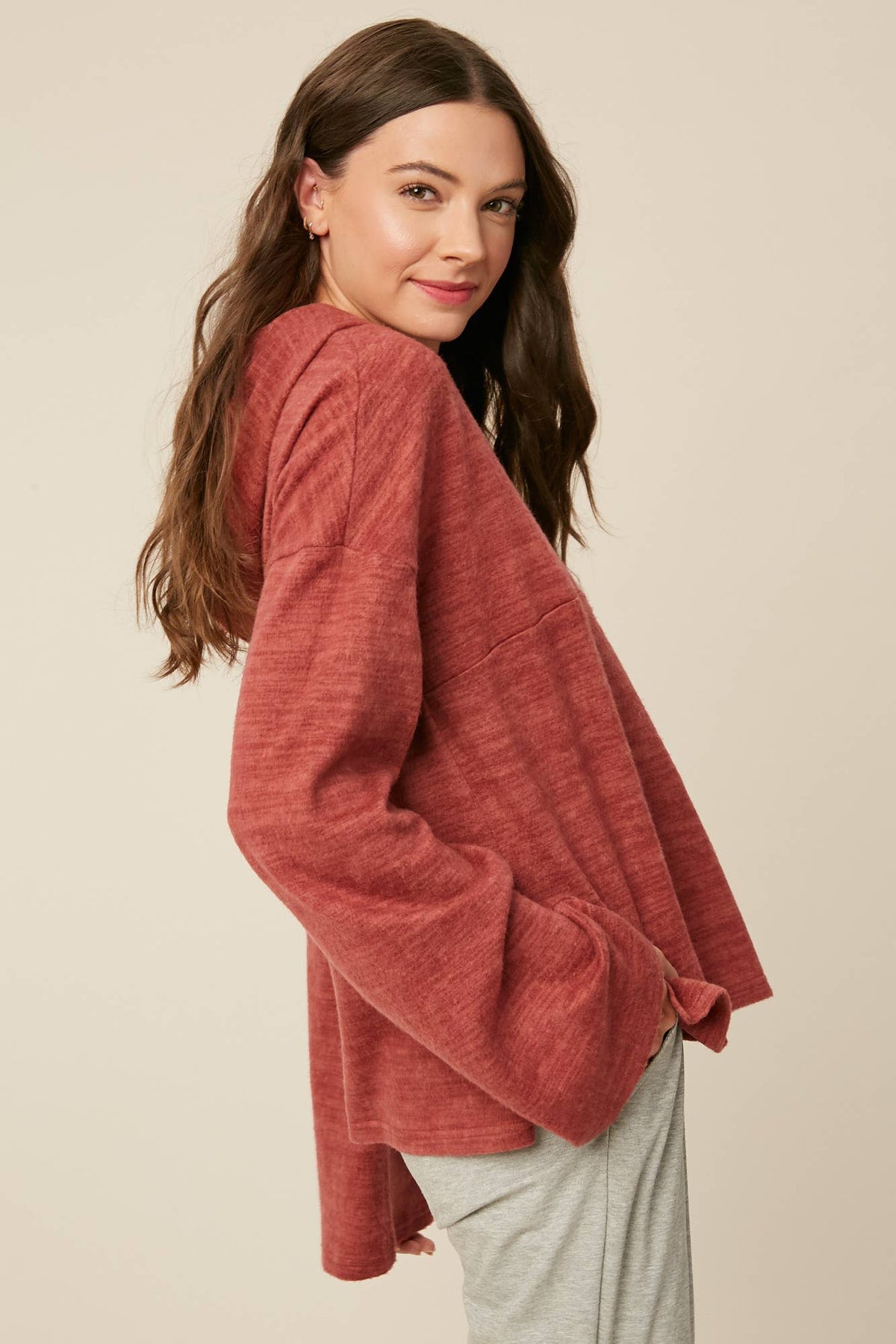 Plum Brushed Knit Henley Hoodie