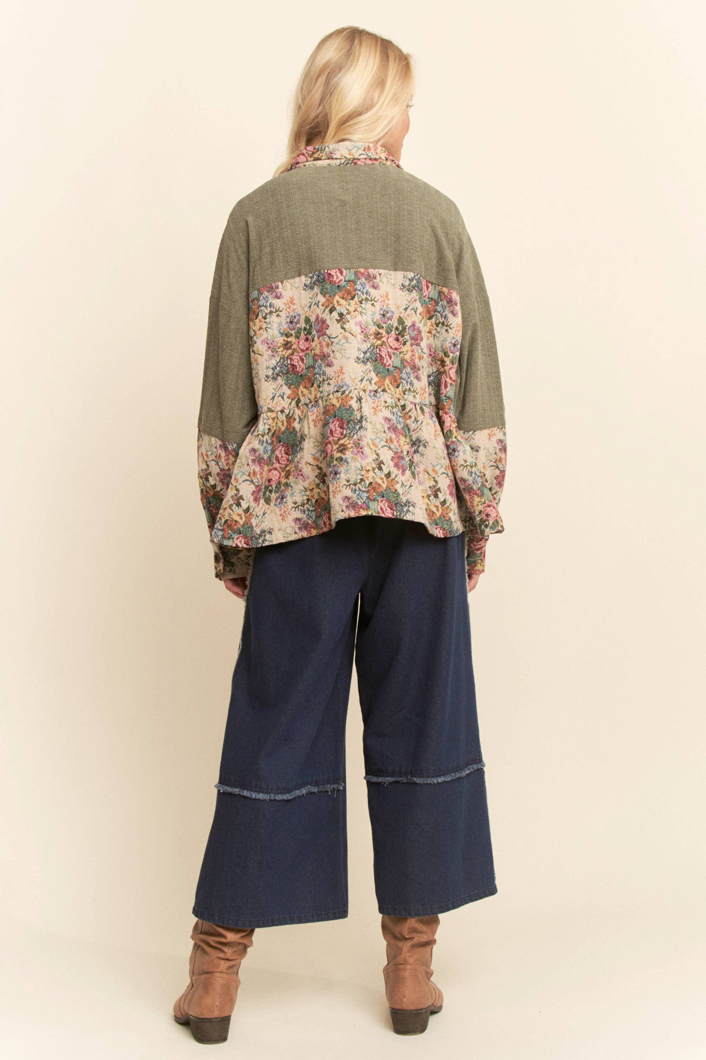 GARDEN KNIT BLOCKED BUTTON FRONT PEPLUM SHIRT