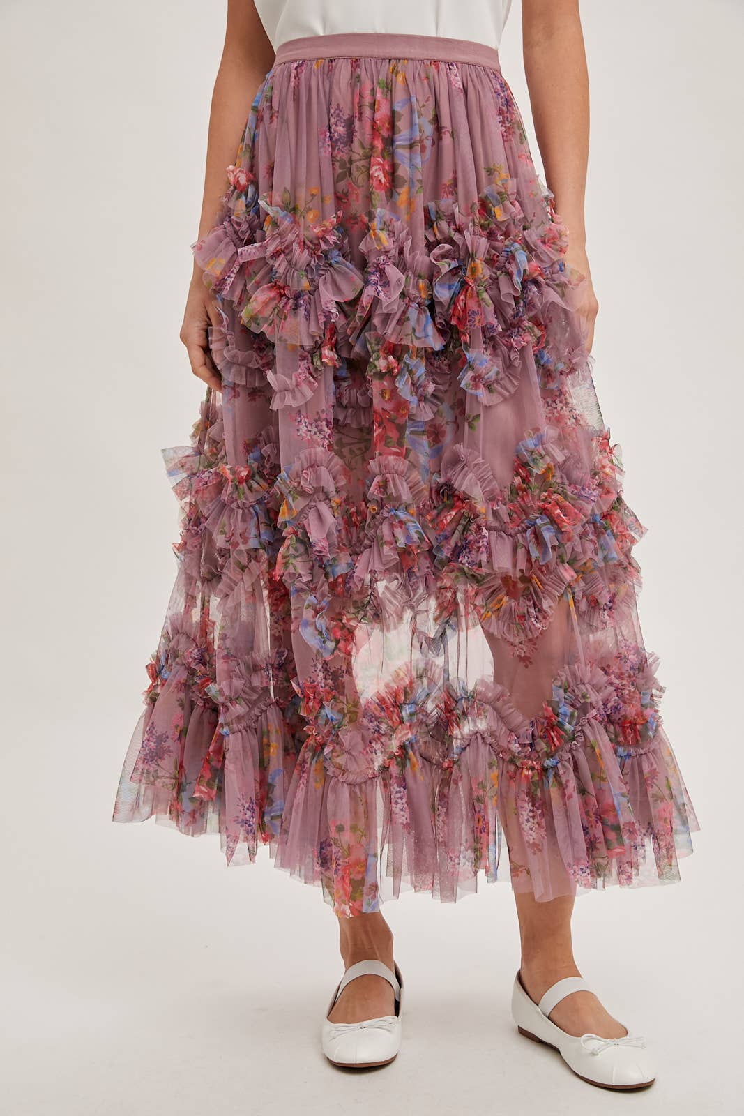 FLORAL RUFFLED MESH MIDI SKIRT Bluivy