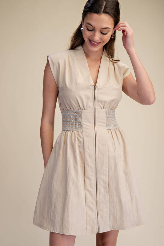 GLAM - V-Neck Front Zip Waist Smocked Shoulder Pad Mini Dress